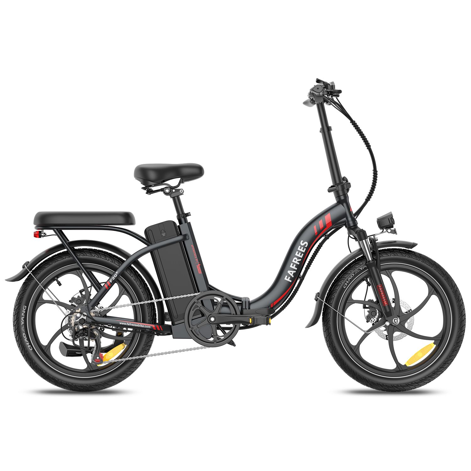 Faltbares E-Bike Fafrees F20+ in Schwarz. Sichtbar: Sattel, Gepäckträger, Akku, Schutzbleche, Felgen mit roter Akzentlinie.