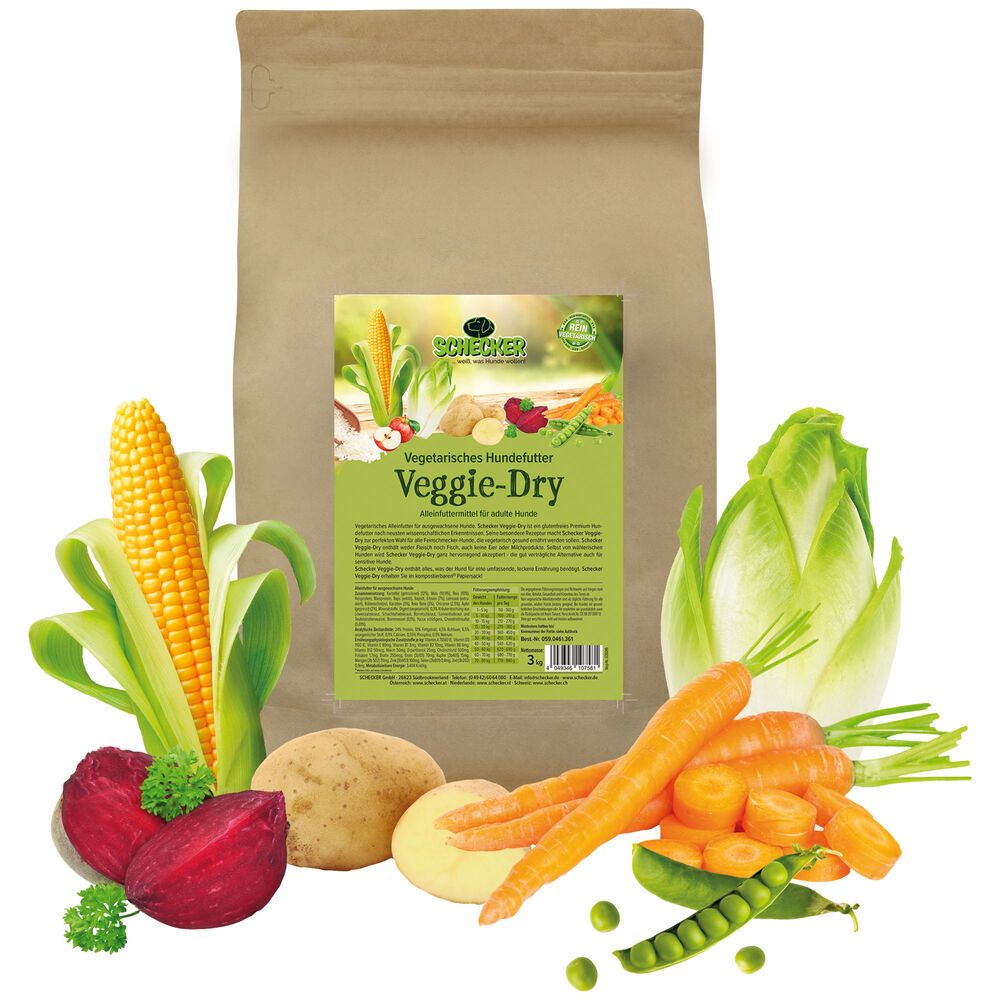 Braune Papiertüte mit Etikett 'Schecker Veggie-Dry'. Gemüse wie Mais, Karotten, Erbsen und Rote Bete umgeben die Tüte.