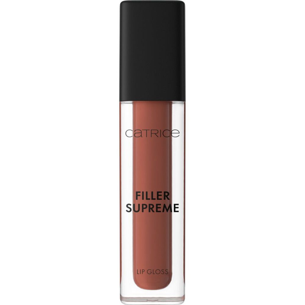 Catrice Supreme Lippenfiller Gloss. Transparente Flasche mit braunem Inhalt. Schwarzer Deckel. Produktname und Marke sichtbar.