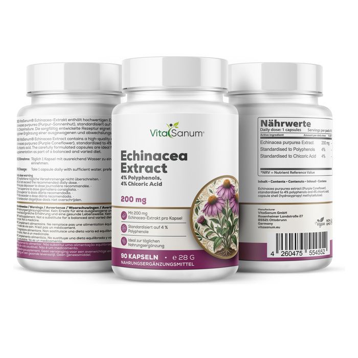 Drei Flaschen VitaSanum Echinacea Extract Kapseln, 200 mg. Eine Flasche zeigt das Etikett mit Details.