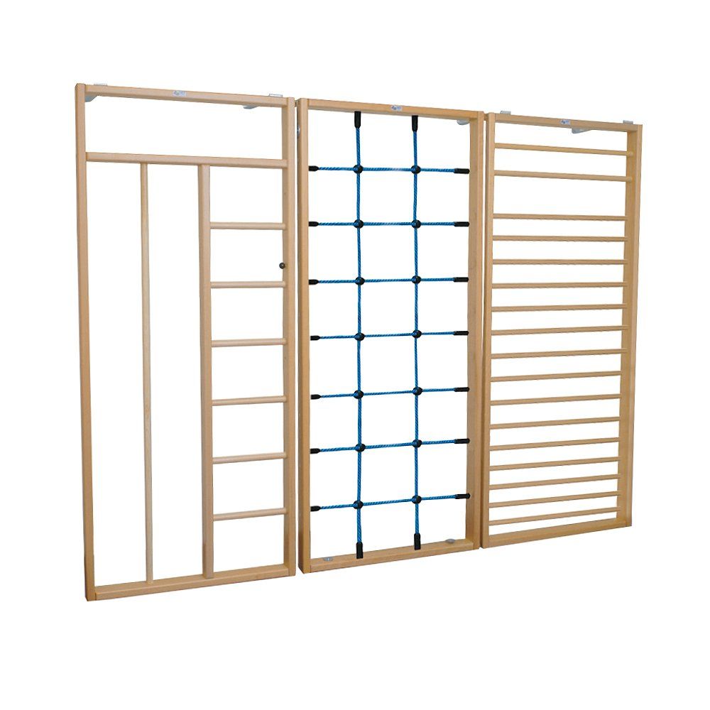 Kletterwand-Kombination mit Sprossenwand, Kletternetz und Leiter. Holzrahmen. Frontale Ansicht.