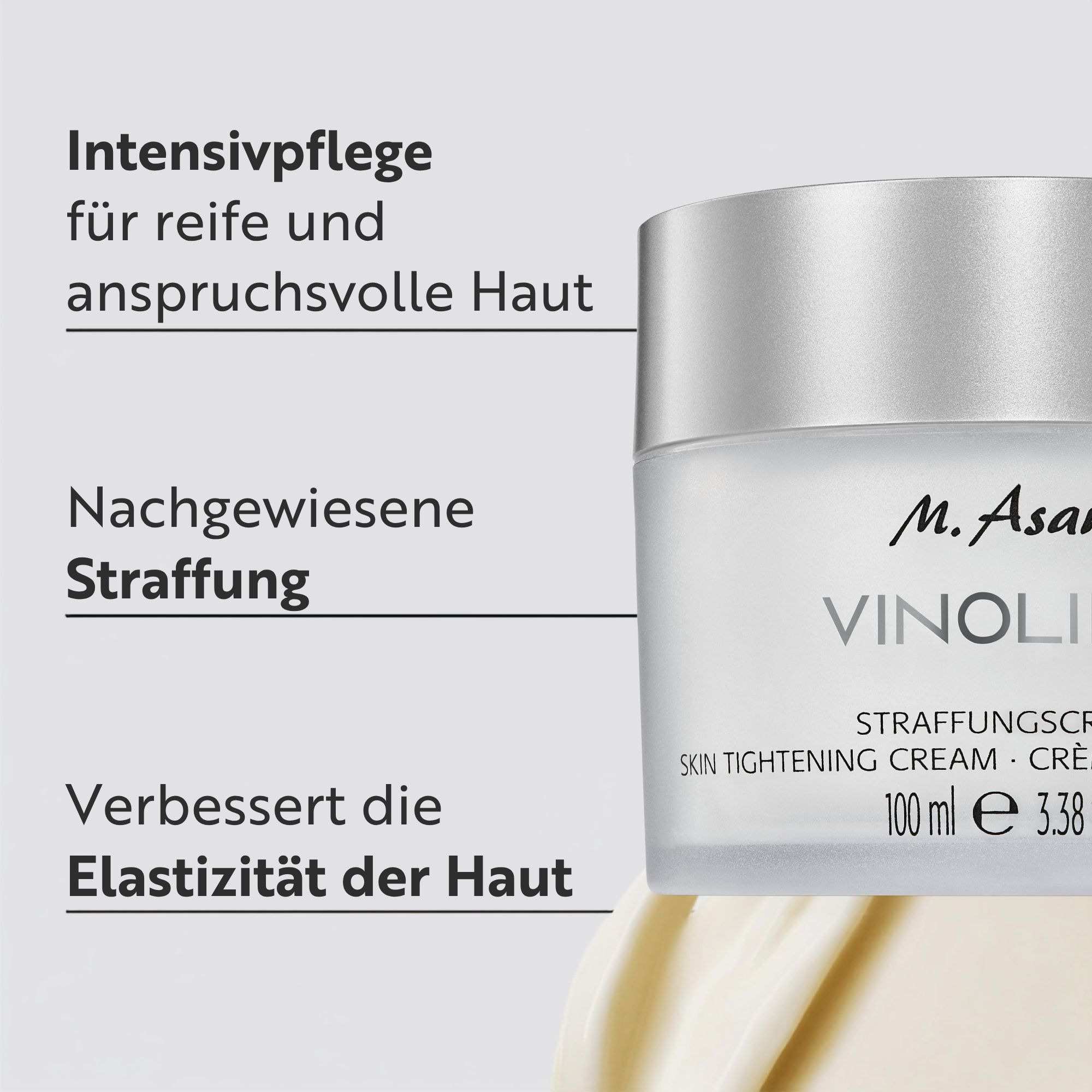 M. Asam Vinolift Straffungscreme in einem weißen Tiegel mit silbernem Deckel.