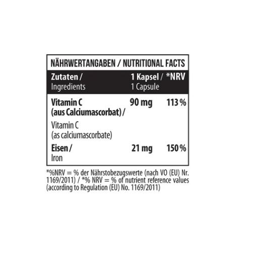 Nährwertangaben: Vitamin C 90mg, Eisen 21mg. Tabelle mit Zutaten und Nährwertangaben in Deutsch und Englisch.