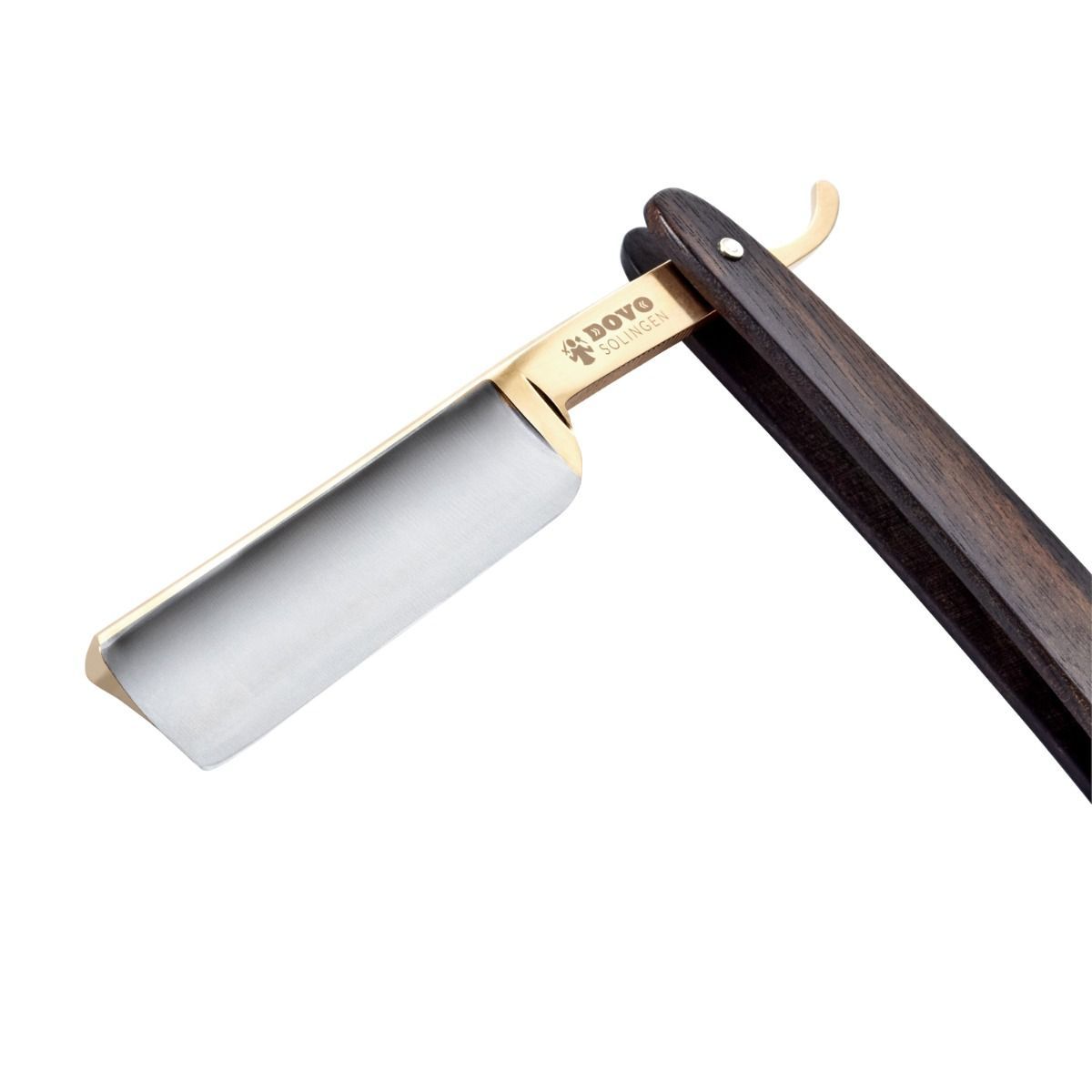 Rasiermesser mit Holzgriff. Klinge aus Metall, goldfarbener Rücken. DOVO Solingen Logo.