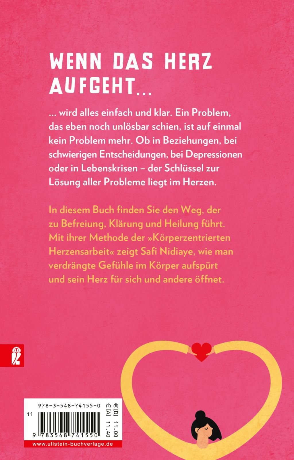 Buchrückseite mit Text. Gelbes Herz, roter Akzent. Verlag Ullstein Buchverlage. ISBN-Nummer.