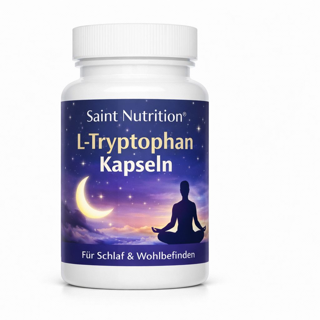 Weiße Flasche mit Schraubverschluss. Aufkleber mit Produktnamen, Mond, Sternen und einer Silhouette. Text: L-Tryptophan Kapseln.