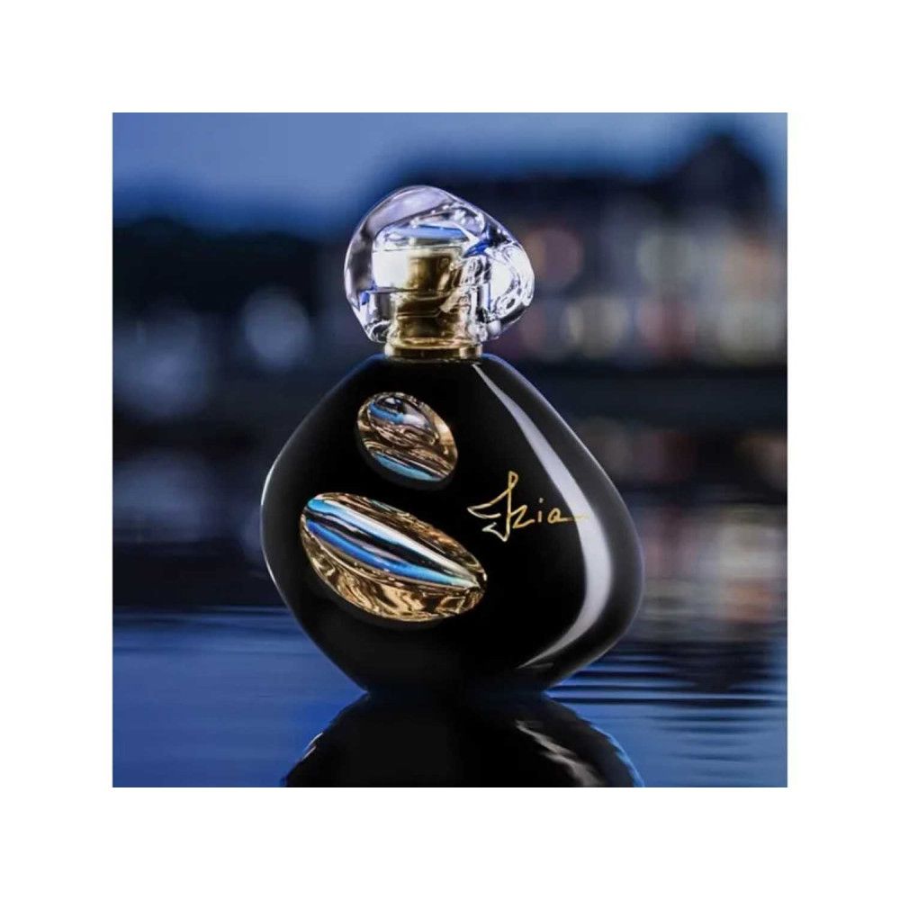 Schwarzer Flakon mit goldfarbenen Details und transparentem Verschluss. Auf blauem Hintergrund.