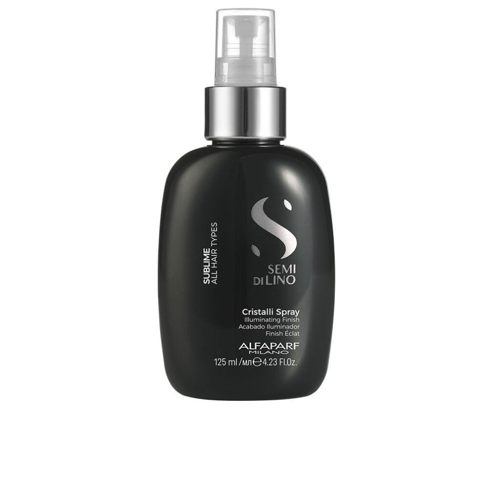 Schwarze Sprühflasche mit silbernem Verschluss. Enthält Semi di Lino Cristalli Spray.