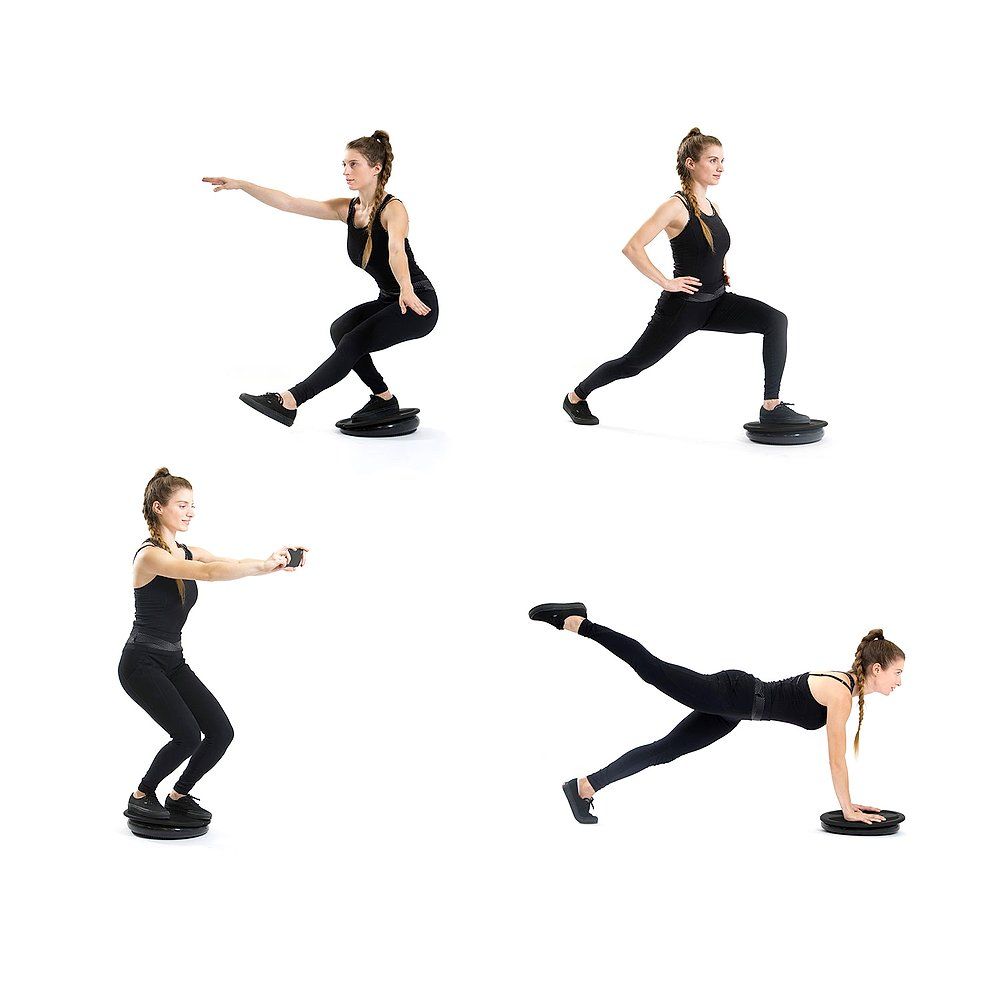 Vier Bilder zeigen eine Frau, die verschiedene Übungen auf einem Balance-Board ausführt. Schwarze Kleidung.