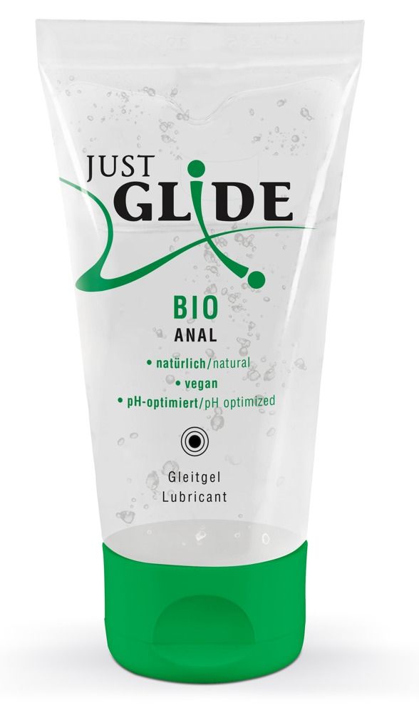 Transparente Tube mit grünem Verschluss. Aufschrift: Just Glide Bio Anal, pH-optimiert, vegan. Gleitgel.