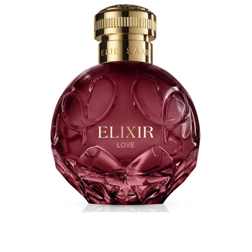 Rote Elie Saab Elixir Love Eau de Parfum Flasche mit goldenem Verschluss, Nahaufnahme.