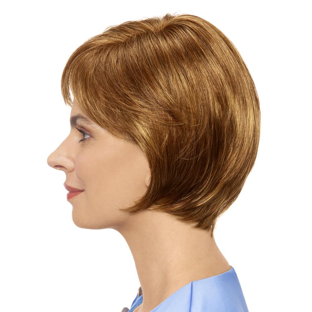 Kurzhaarperücke, goldbraun, mit Pony. Frau, Profilansicht.