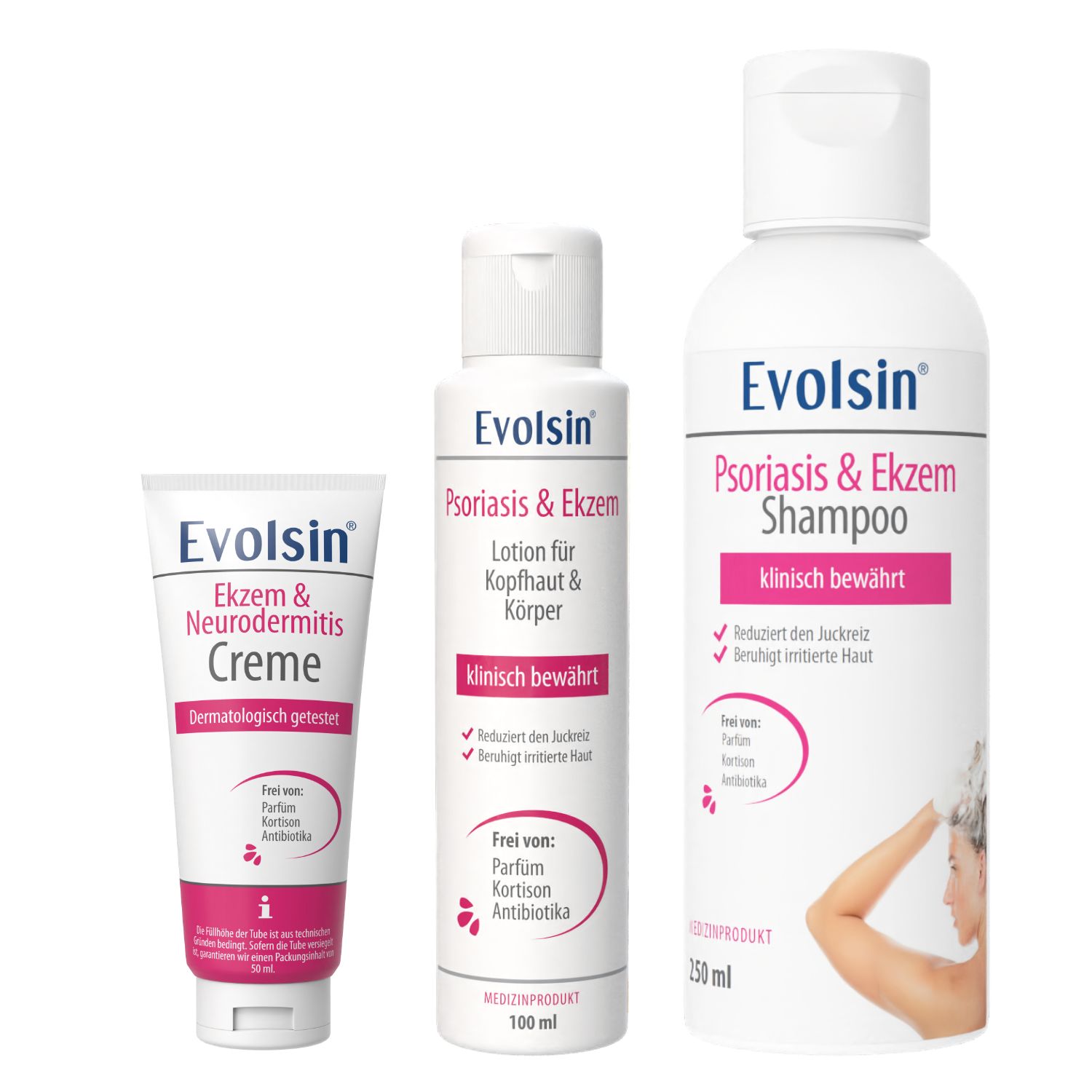 Evolsin® Ekzem & Neurodermitis Intensiv Bundle (Creme + Lotion Shampoo) - Mindert Juckreiz 3 St