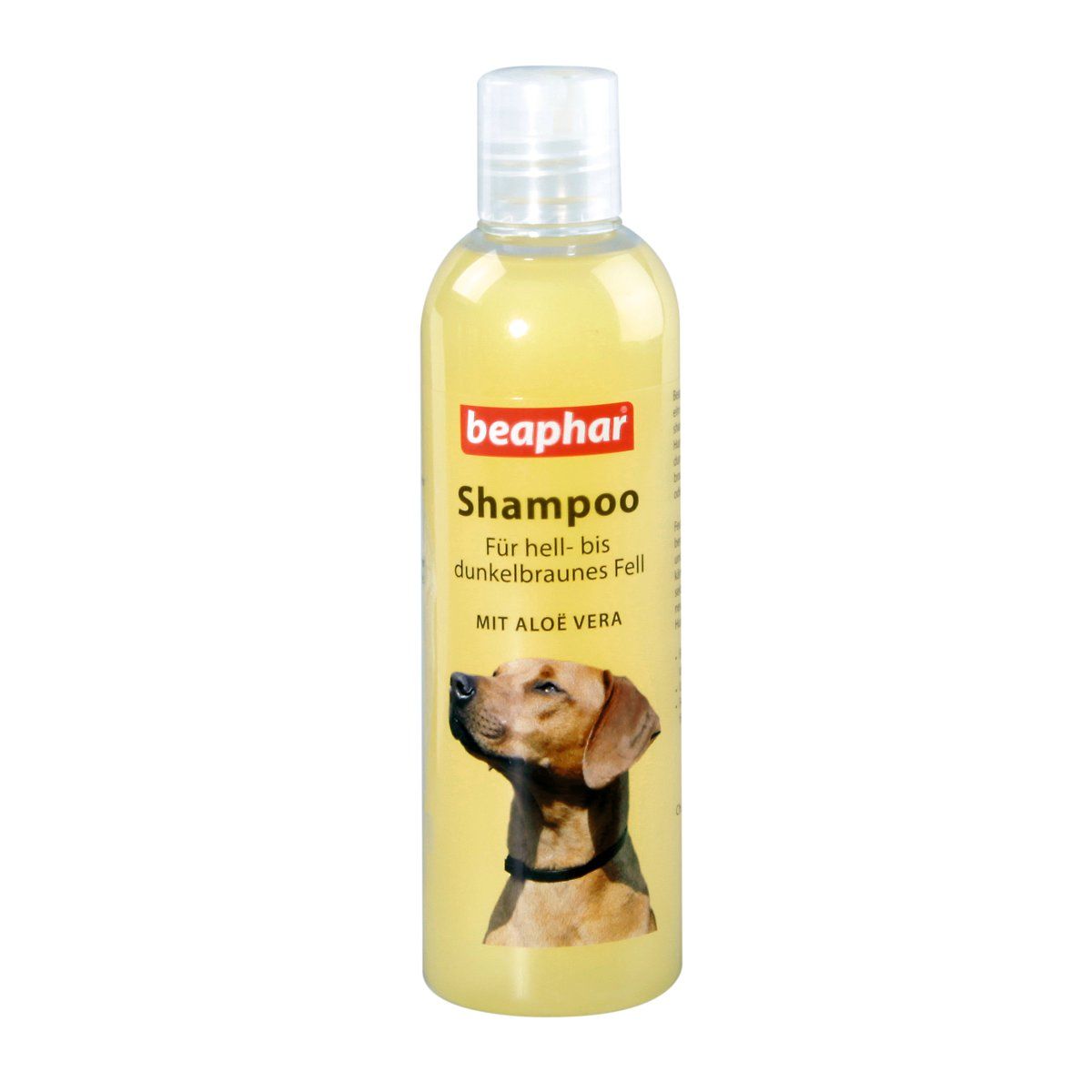 Gelbes Shampoo für Hunde, mit Beaphar-Logo und Hundeabbildung. Text: Für hell- bis dunkelbraunes Fell, mit Aloe Vera.