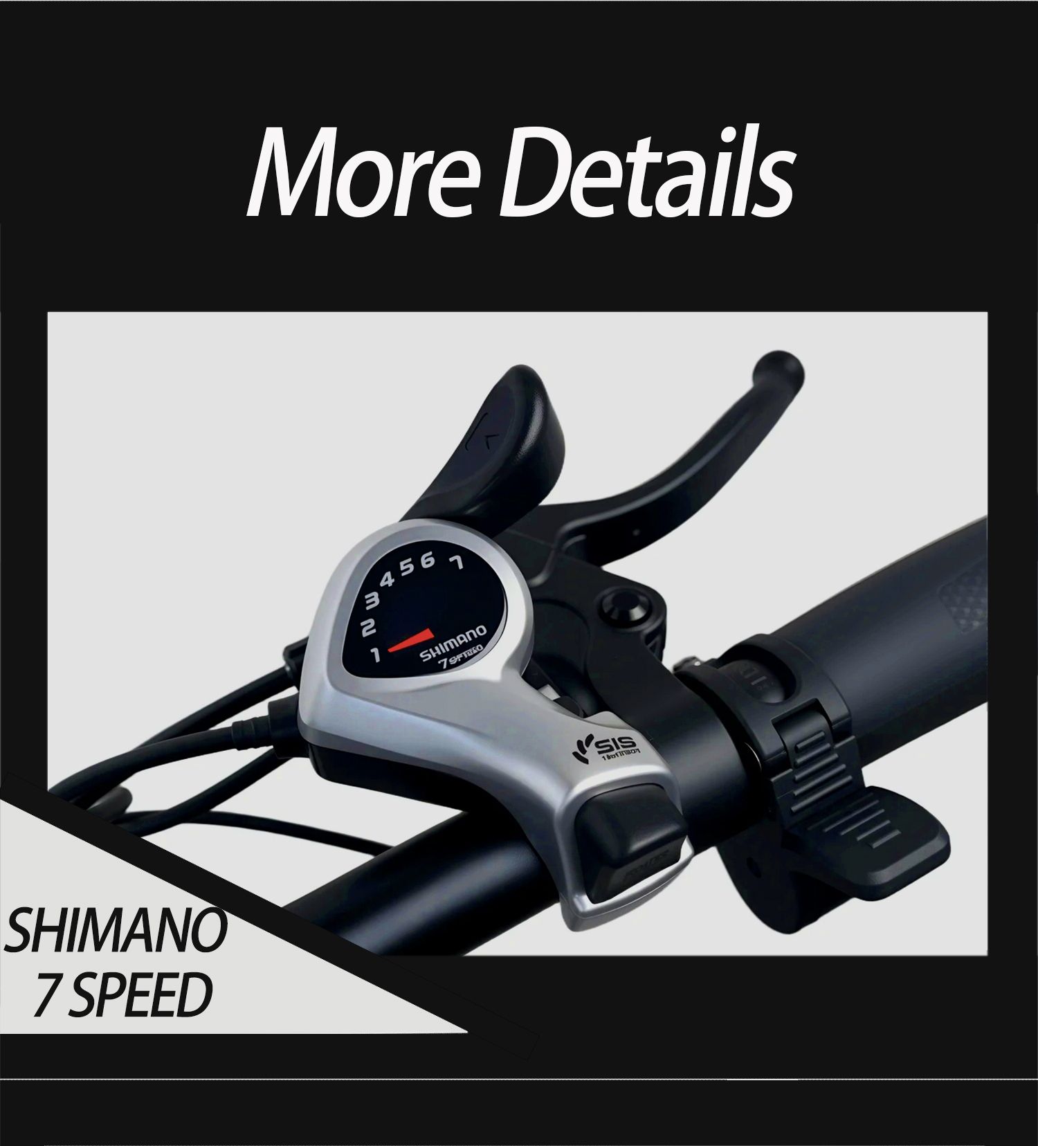 Fahrradlenker mit Shimano 7-Gang-Schaltung. Schwarze Griffe. Text "More Details" und "SHIMANO 7 SPEED".