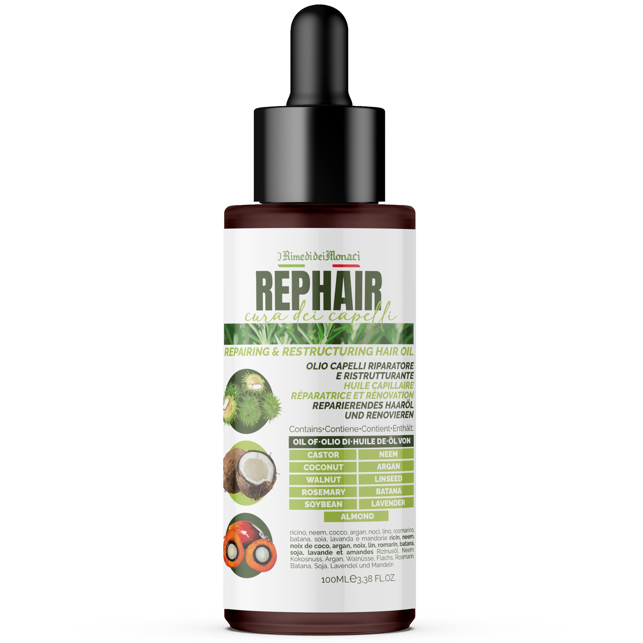 Haaröl-Flasche mit Tropfer. Aufschrift: Repairing & Restructuring Hair Oil. Inhaltsstoffe: Kokos, Argan, Mandel, Rosmarin.