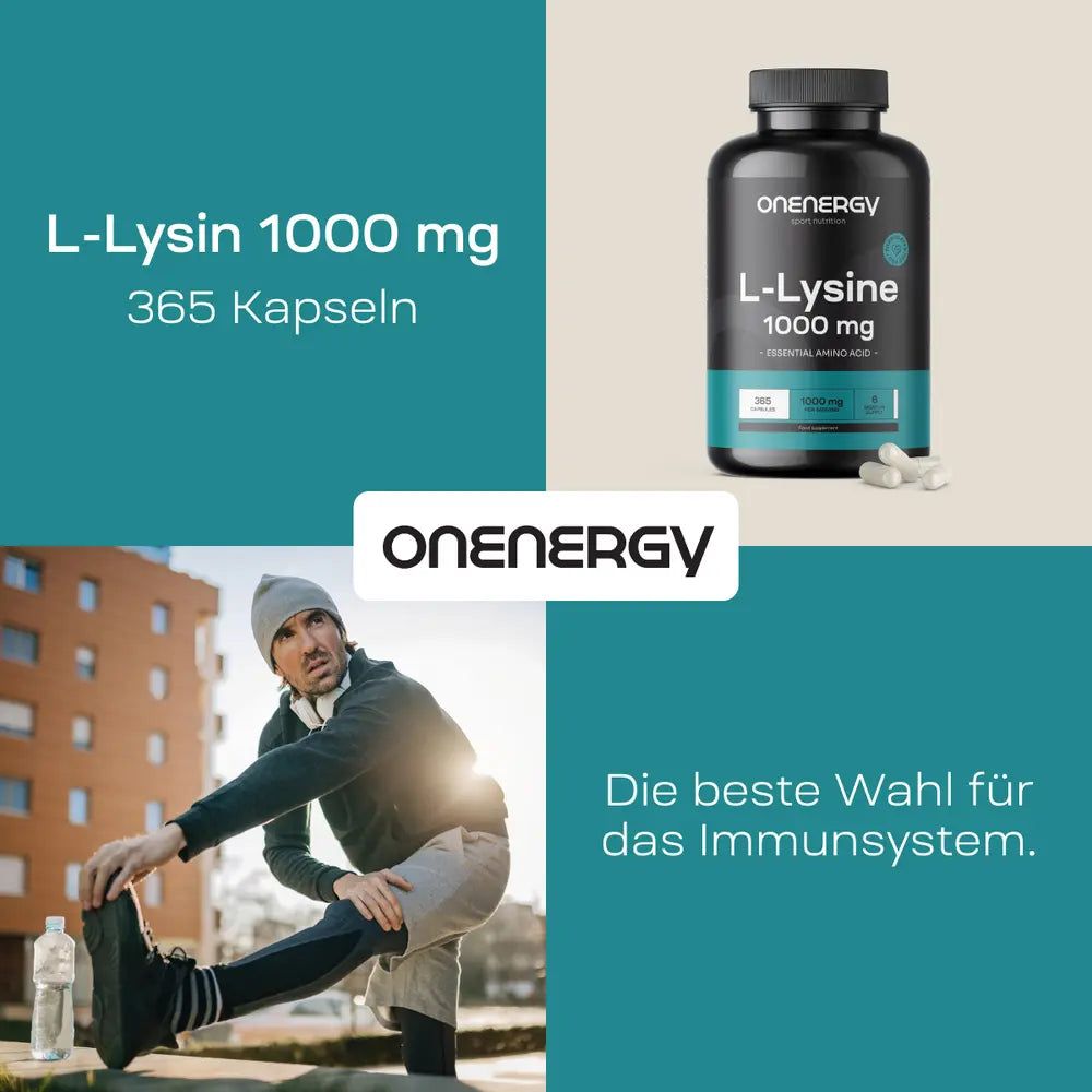 Mann dehnt sich. Daneben eine Flasche OnEnergy L-Lysin 1000 mg. Text: Die beste Wahl für das Immunsystem.