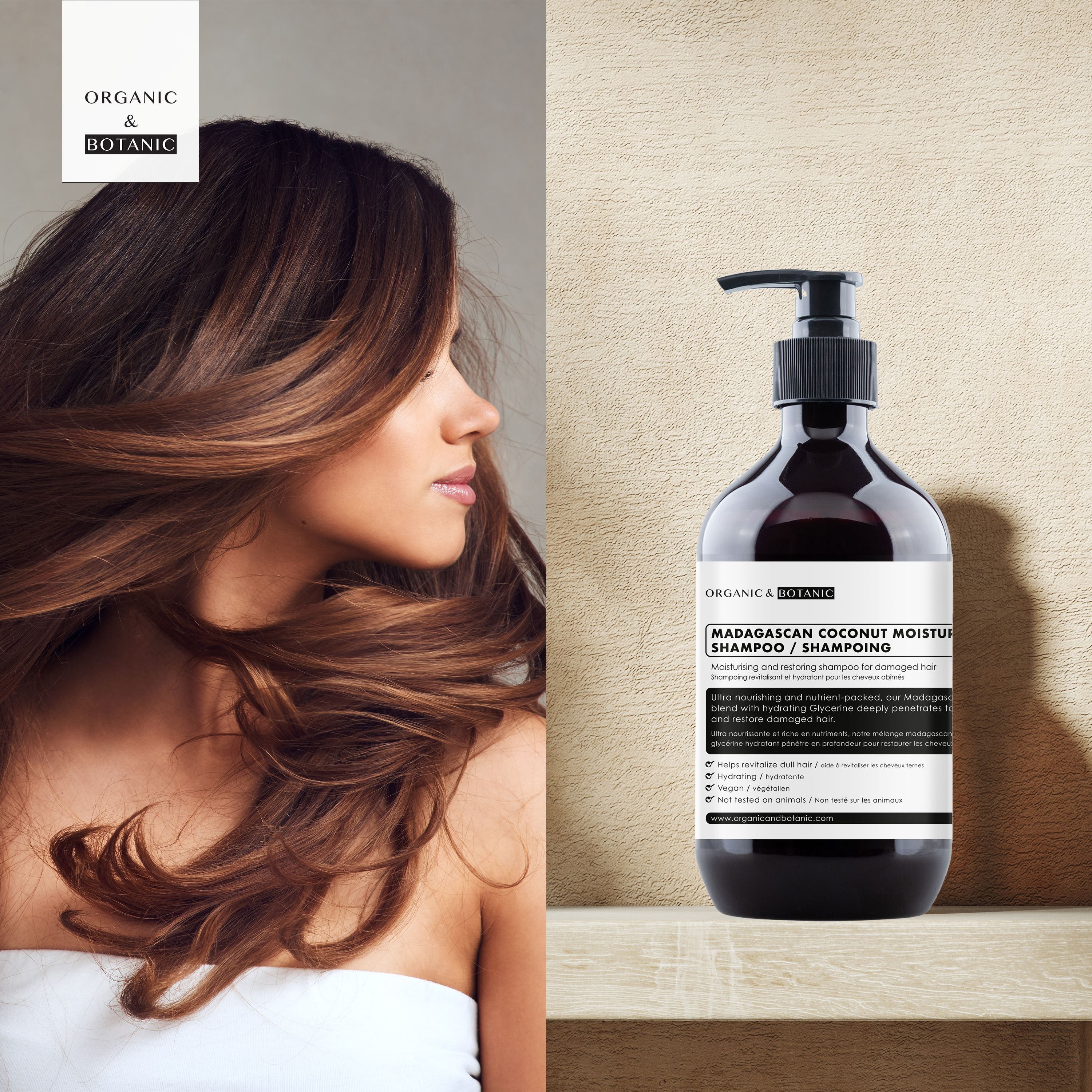 Braune Flasche mit schwarzem Pumpverschluss. Etikett mit Produktinformationen: Madagaskar Kokosnuss Feuchtigkeitsshampoo. Marke: Organic & Botanic. Frau mit langen Haaren.