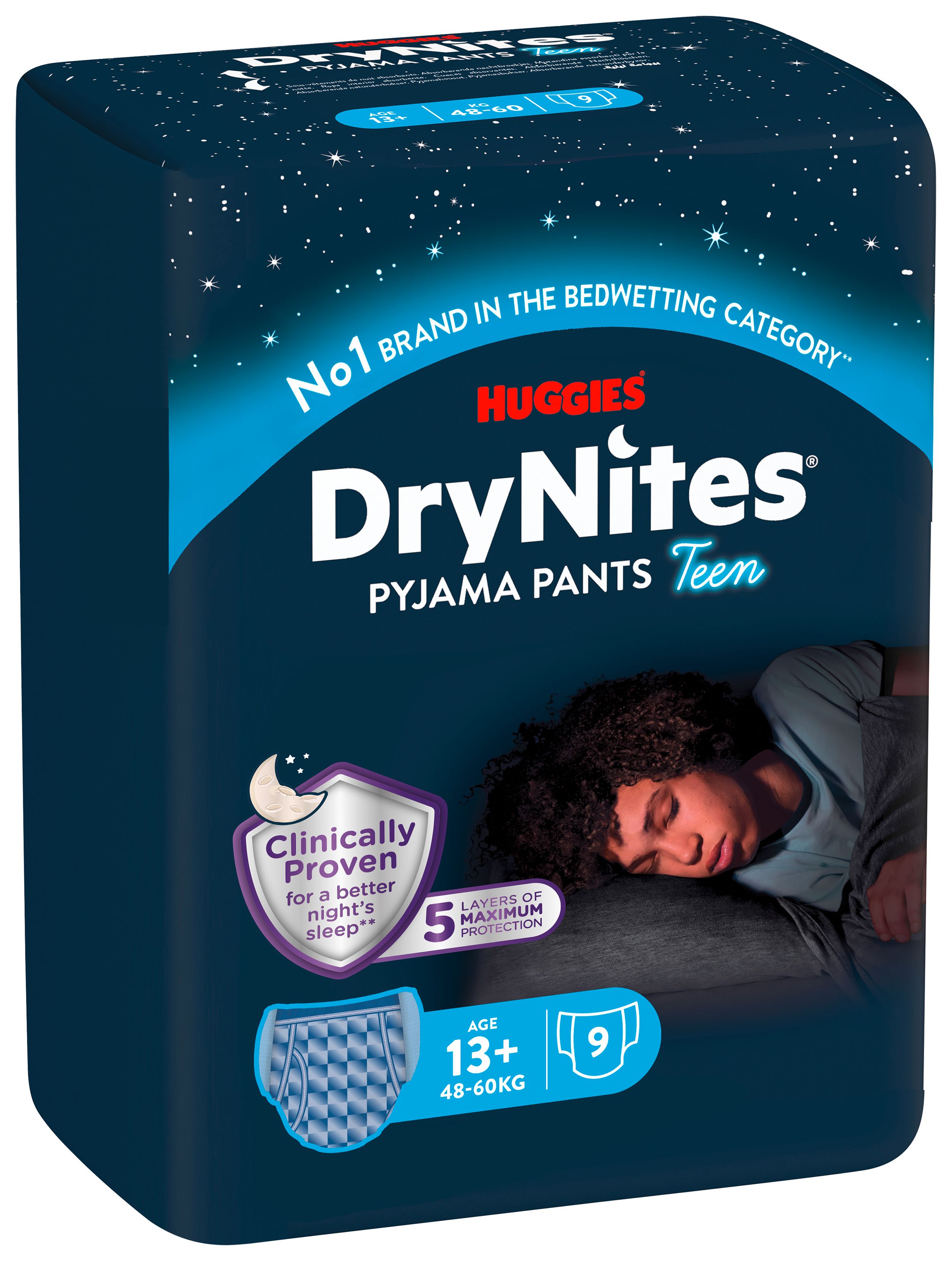 Dunkelblaue Verpackung mit Huggies DryNites Pyjama Pants Teen. Alter 13+, 48-60kg. Abbildung eines schlafenden Jungen. Text: Clinically Proven.
