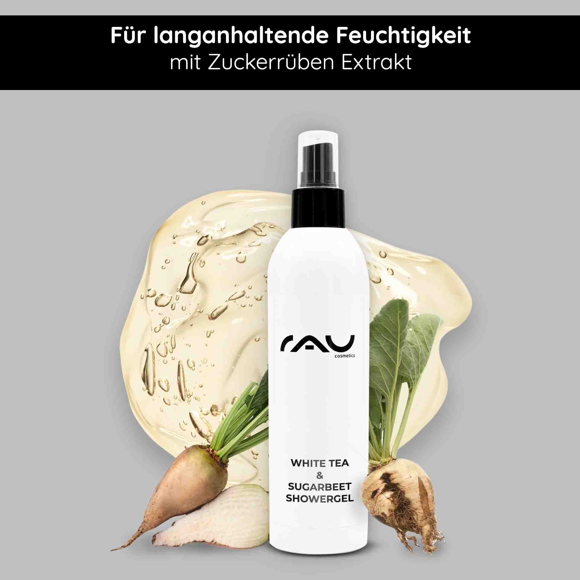 Weiße Flasche mit schwarzem Pumpkopf. Aufschrift: RAU Cosmetics, White Tea & Sugarbeet Showergel. Zuckerrüben und Blätter.