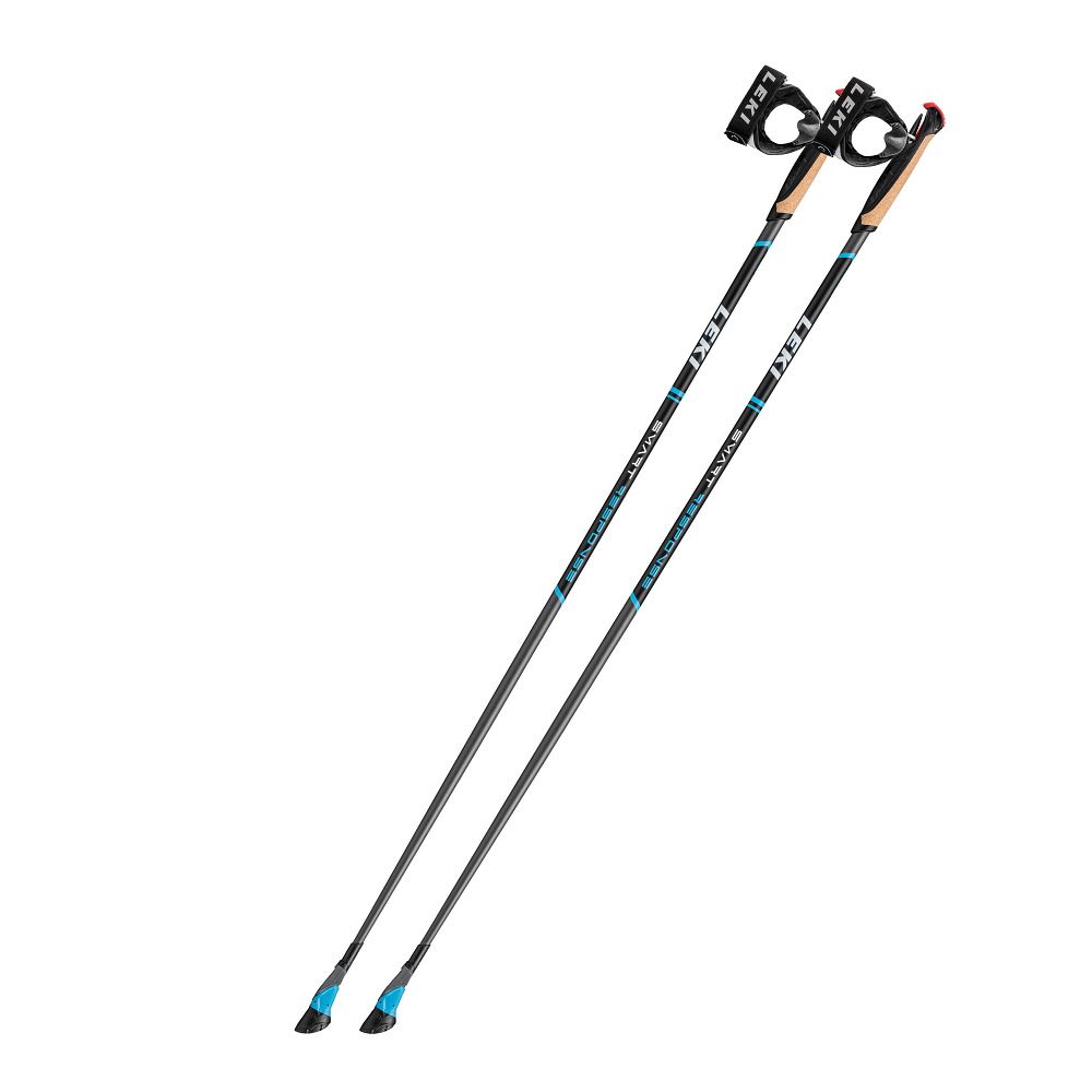 Zwei Nordic-Walking-Stöcke. Schwarze Stiele mit blauen und türkisfarbenen Akzenten. Griffe und Schlaufen. Marke Leki.