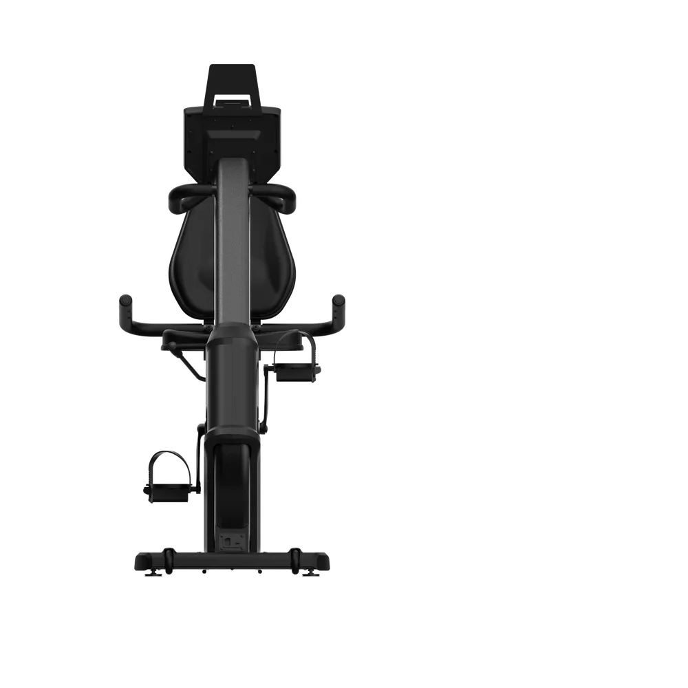 Schwarzer Liege-Ergometer. Rückenlehne, Sitz, Pedale und Armlehnen. Digitales Display. Frontansicht.