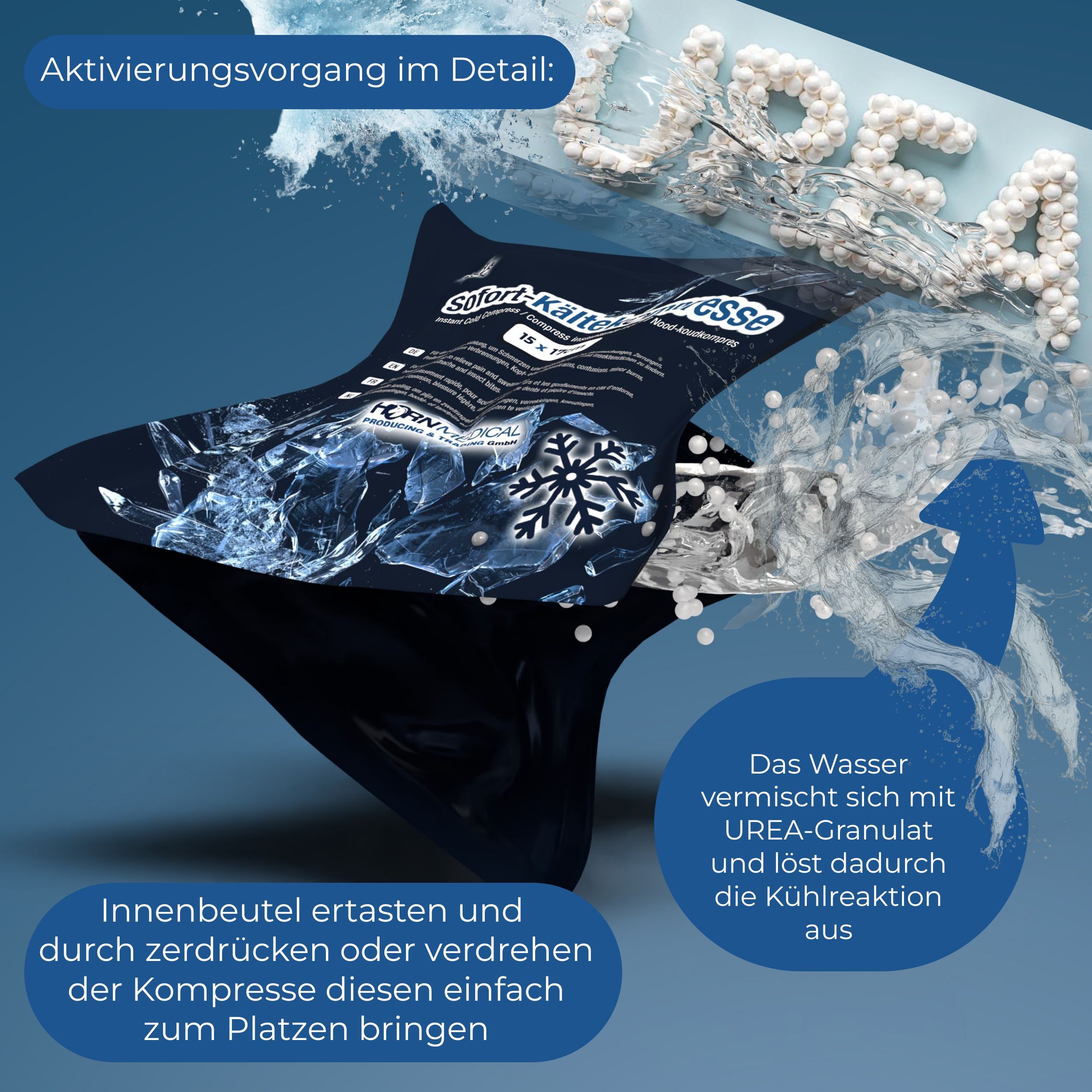 Aktivierungsprozess einer Sofort-Kältekompresse. Wasser vermischt sich mit UREA-Granulat. Text: Innenbeutel zerdrücken, um die Kühlreaktion auszulösen.