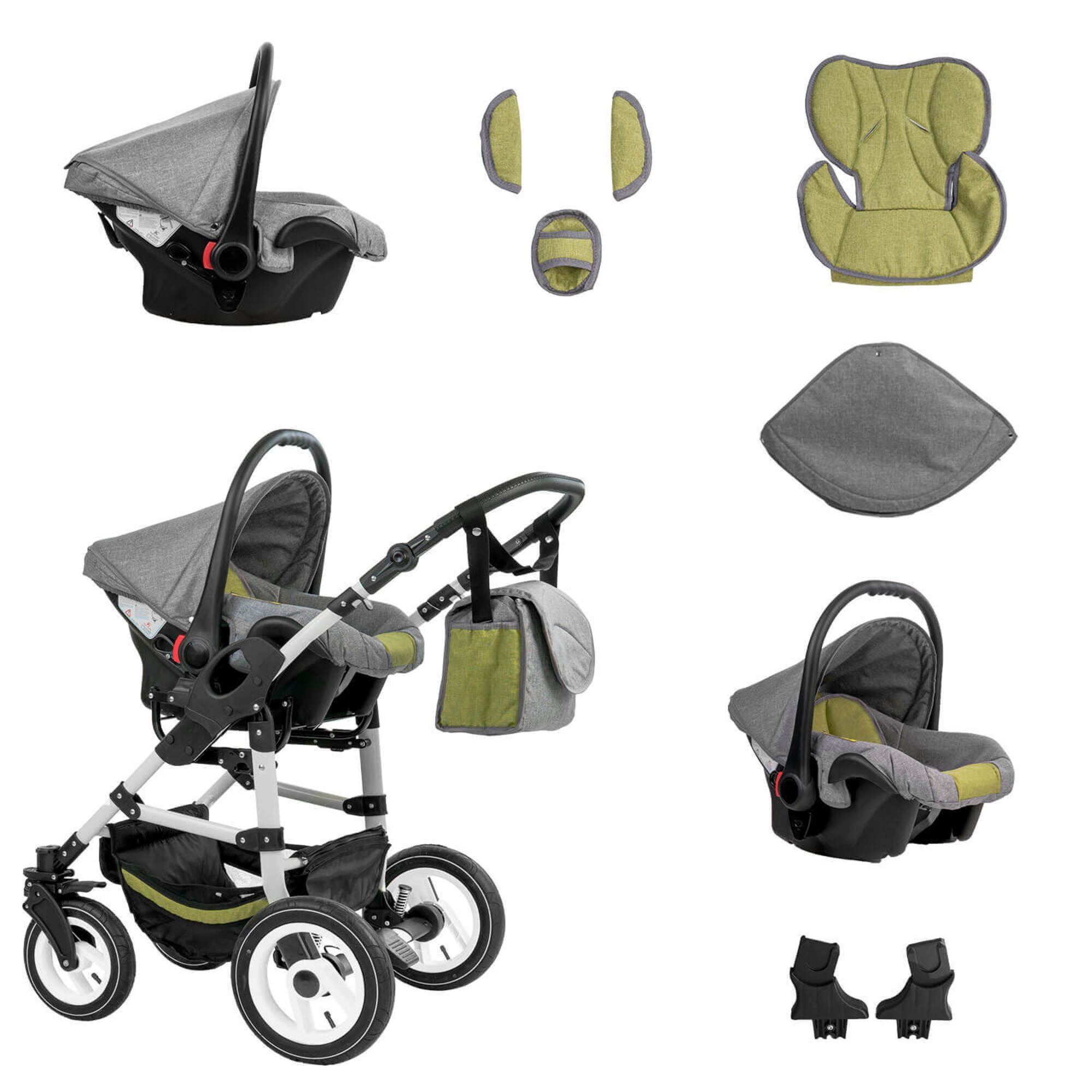 Kinderwagen-Komplettset mit Babyschale, grau-grünen Stoffen, weißem Gestell. Enthält Zubehör wie Adapter und Sitzpolster.