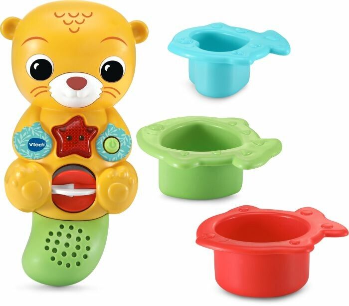 Gelber Otter-Badespielzeug mit drei farbigen Bechern. Stern- und Knopf-Elemente. VTech-Logo sichtbar.