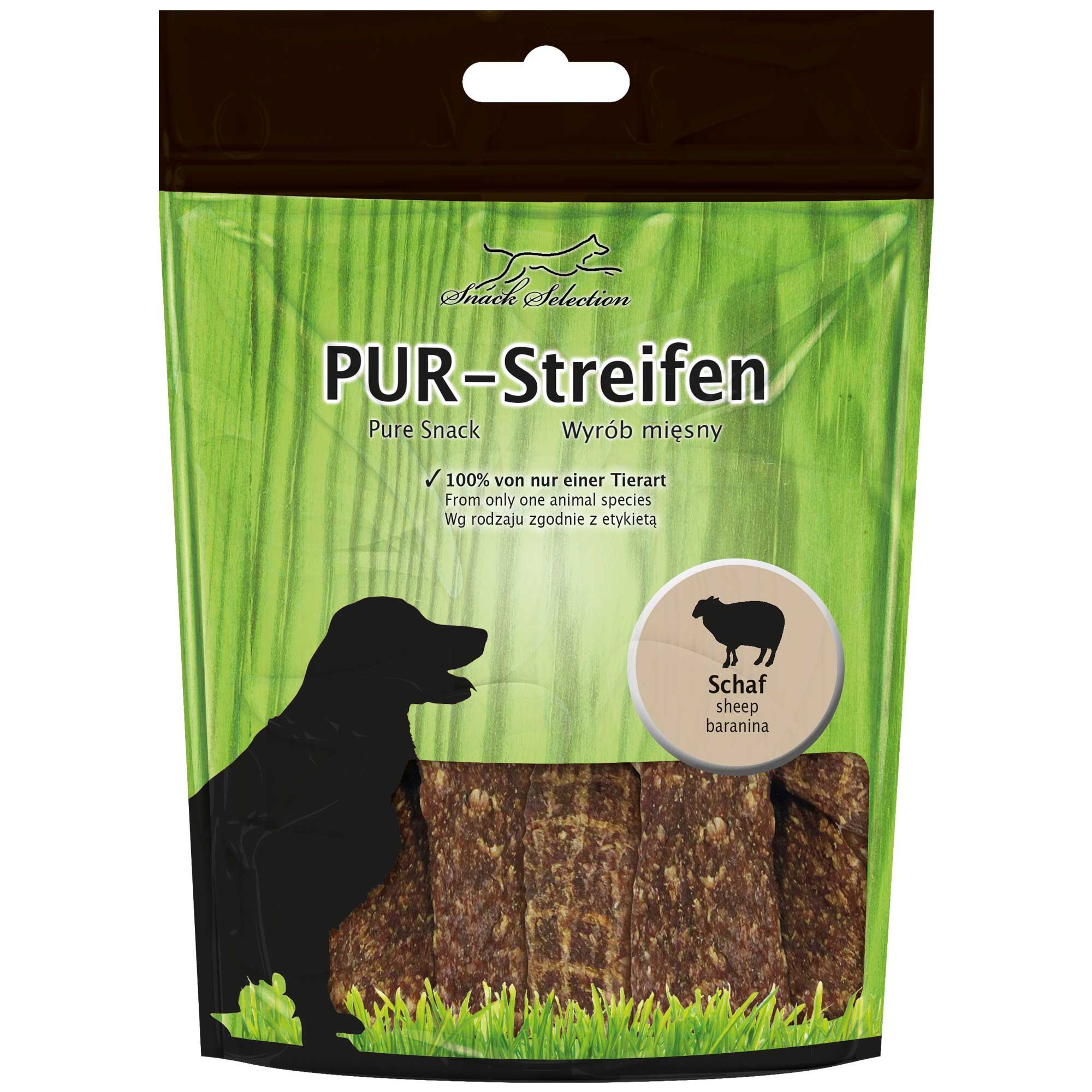 Einzelpackung PUR-Streifen. Grün-braune Verpackung mit Hundesilhouette und Schaf-Symbol. Text: PUR-Streifen, 100% Schaf.
