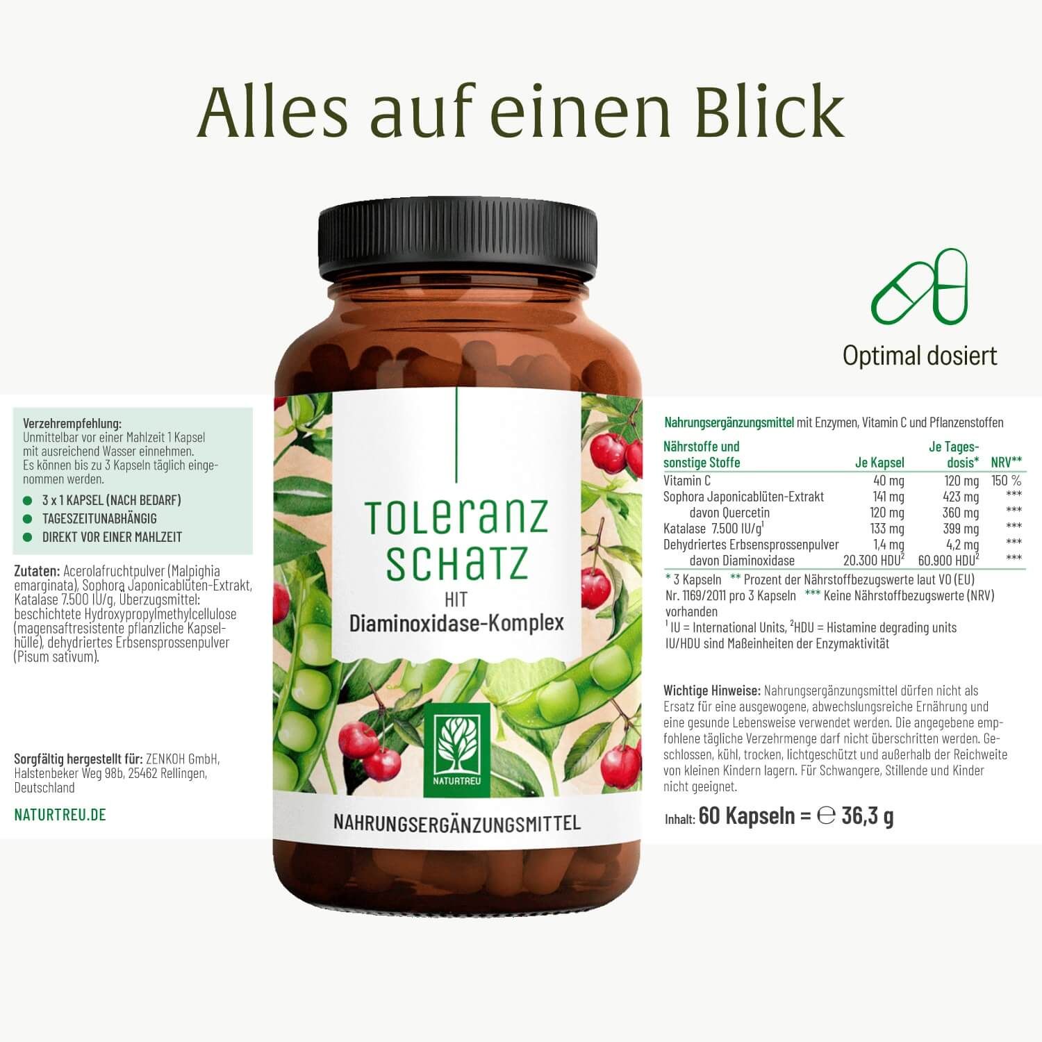 Flasche mit Toleranz Schatz Kapseln, mit detaillierten Informationen zu Inhaltsstoffen und Dosierung.