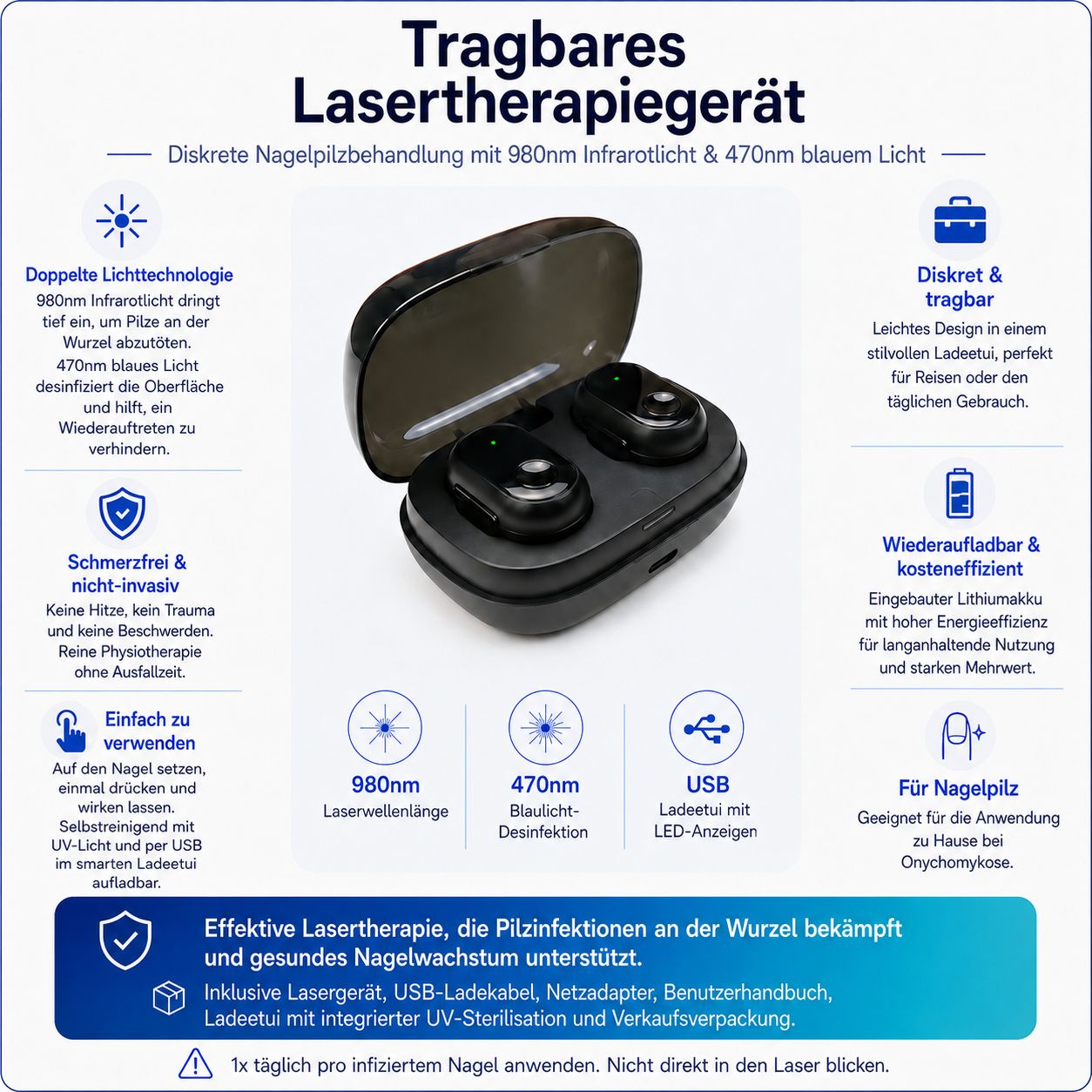Tragbares Lasertherapiegerät mit Ladeetui, 980nm Infrarotlicht und 470nm Blaulicht für Nagelpilzbehandlung.