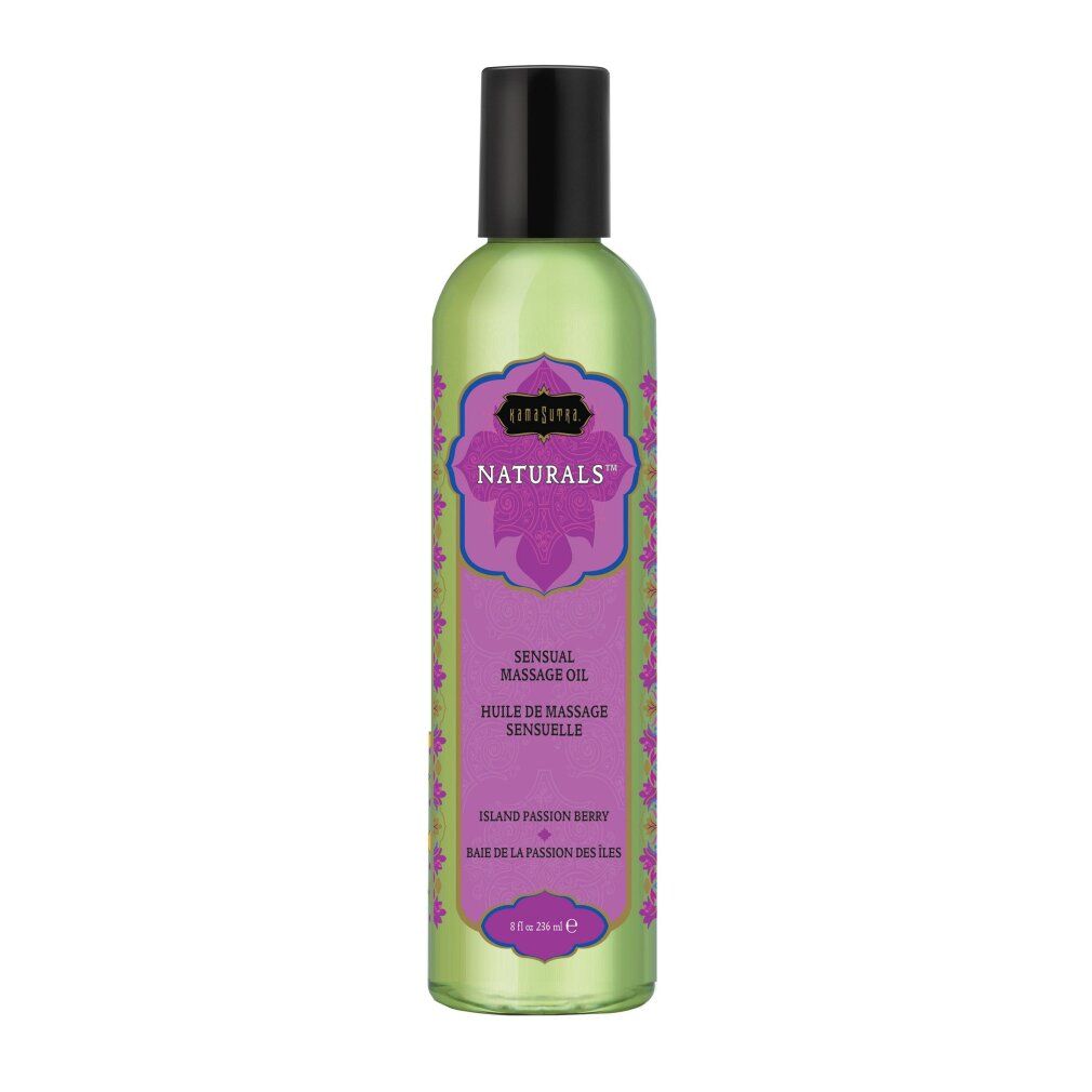 Grüne Flasche mit Kama Sutra Naturals Massageöl, Duft Island Passion Berry.