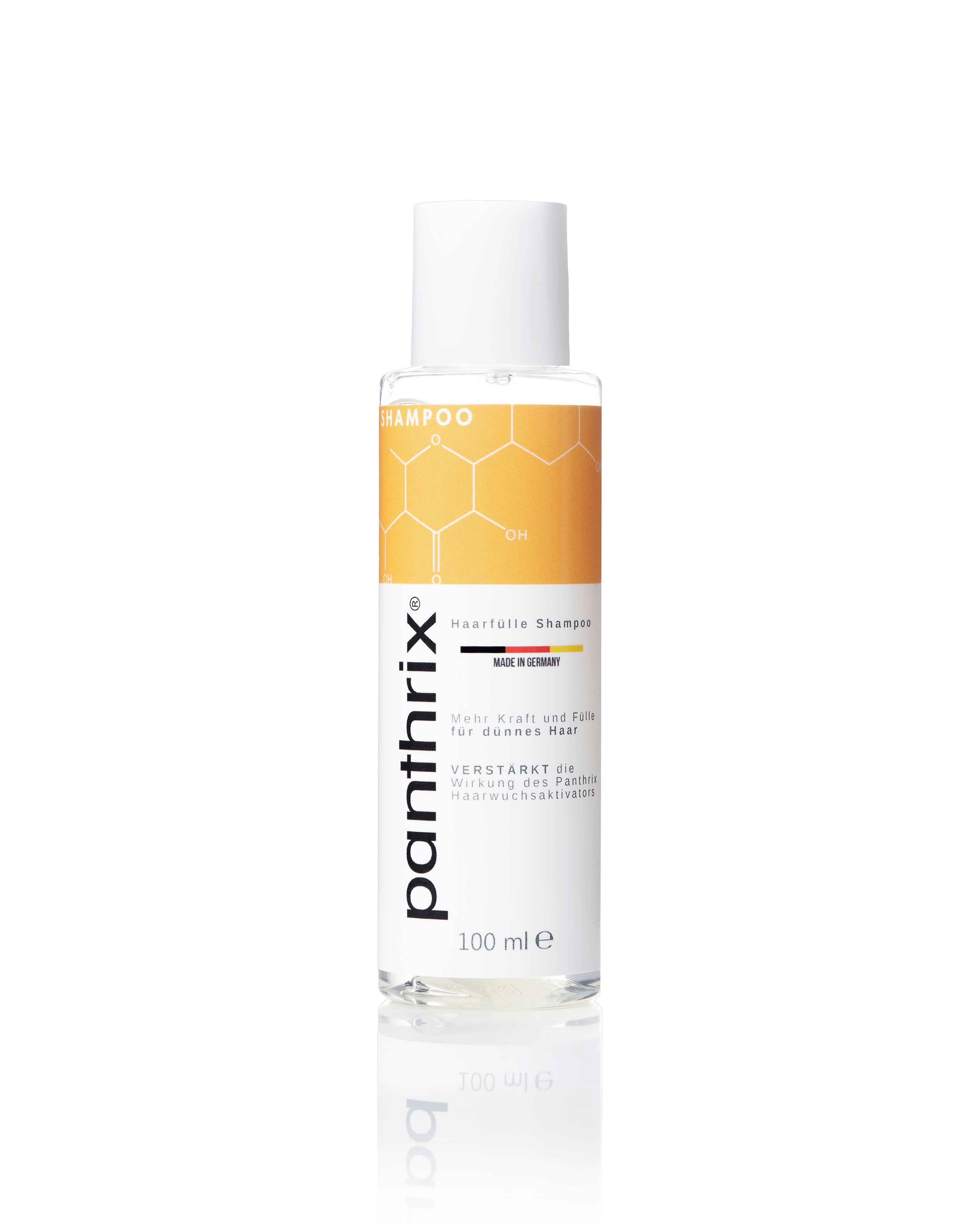 Flacon transparent avec bouchon blanc. Inscription : Shampooing, Panthrix, 100 ml. Étiquette jaune-orange.