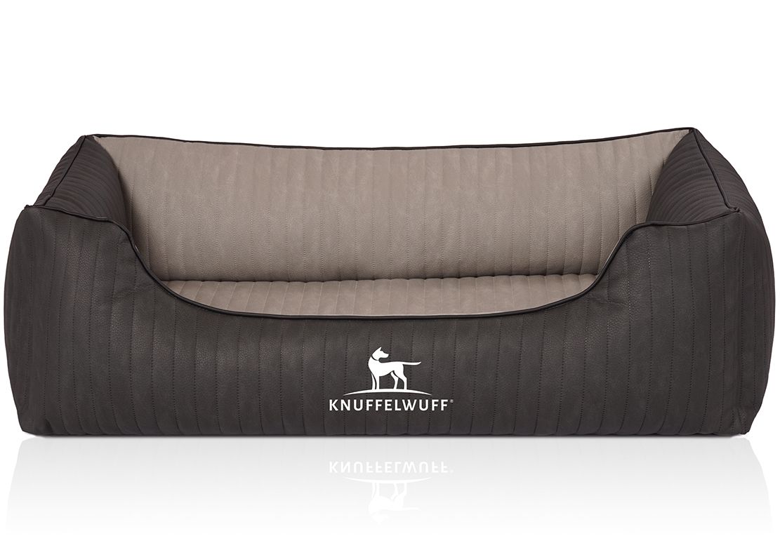 Orthopädisches Hundebett in Grau und Beige. Mit Logo. Gepolstert, rechteckig mit erhöhten Seiten.