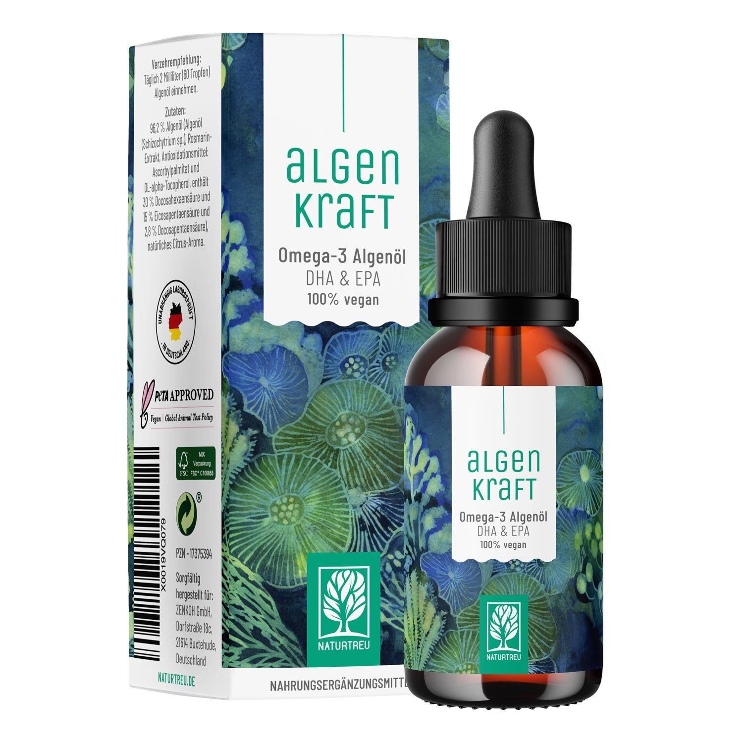 Flacon en verre brun et emballage d'huile d'algues oméga-3. Texte : Algenkraft, DHA & EPA, 100% végétalien. Sceaux.