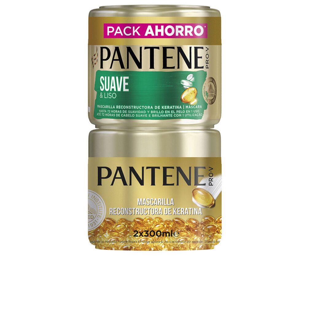 Zwei goldfarbene Tiegel, übereinander gestapelt. Aufschrift: PANTENE PRO-V, SUAVE & LISO, Mascarilla Reconstructora de Keratina. 2x300ml.