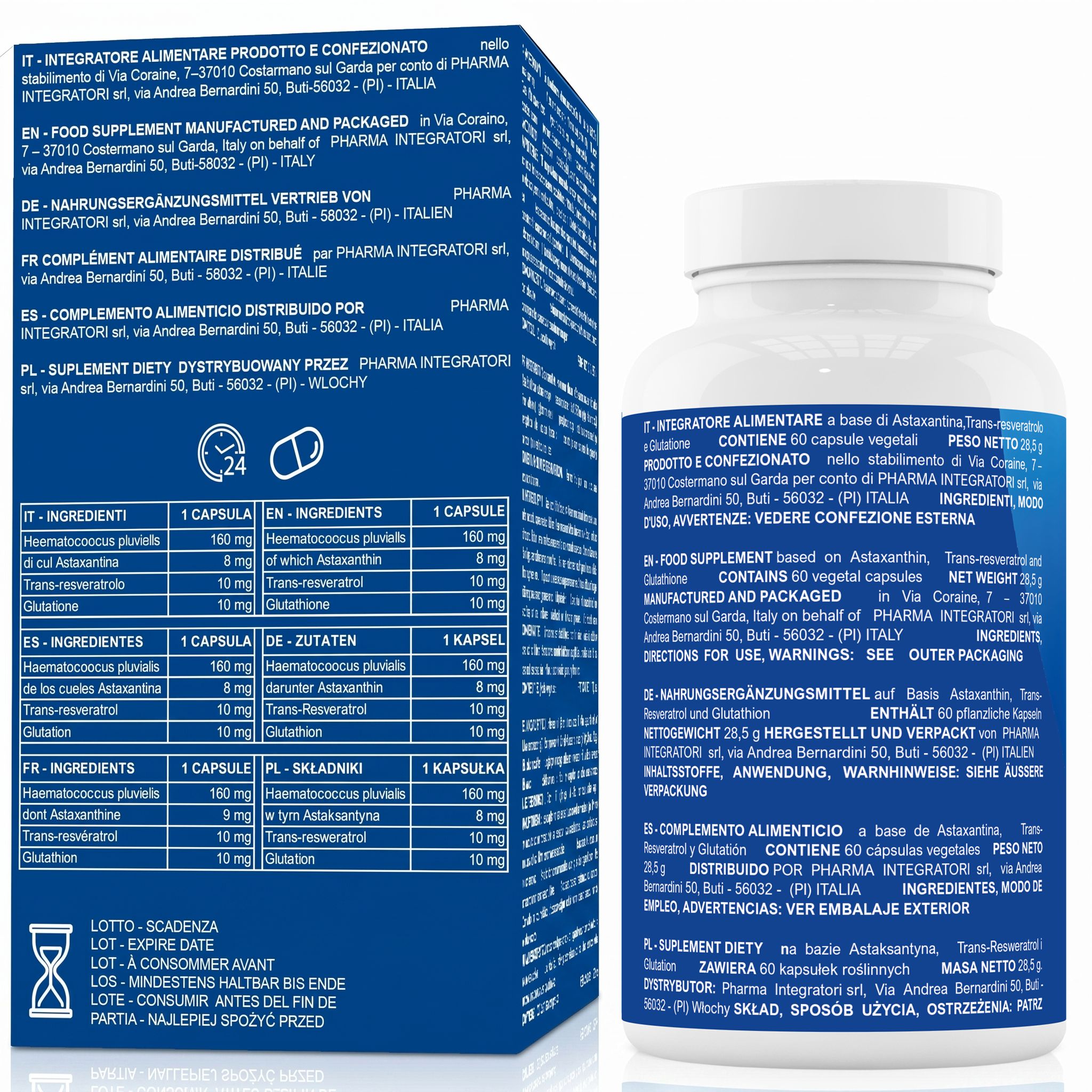 Astaxantin-Flasche und Faltschachtel. 60 vegetarische Kapseln. Made in Italy.