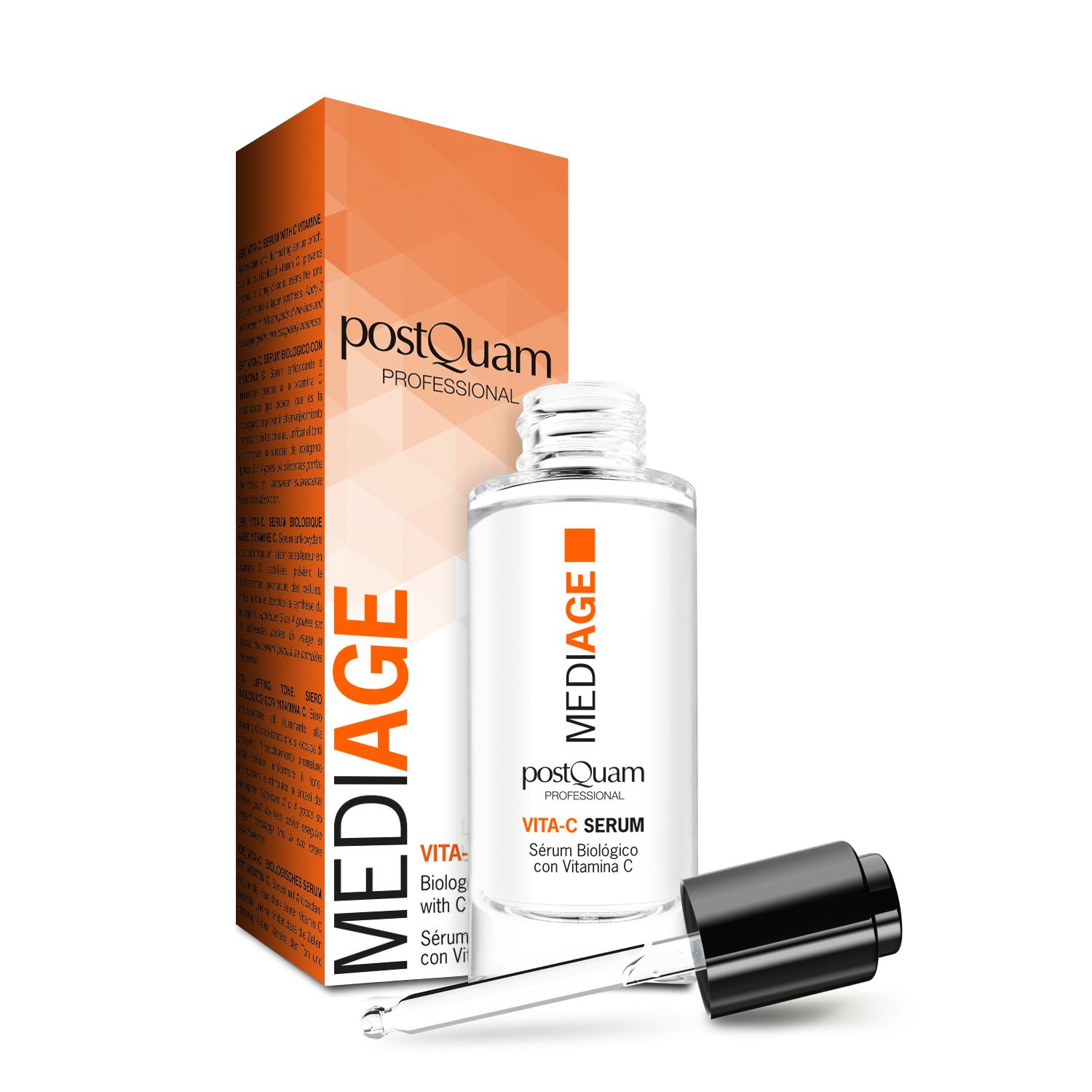 Serumflasche mit Pipette und Verpackung. Aufschrift: Mediage, Vita-C Serum, Serum Biologico con Vitamina C.