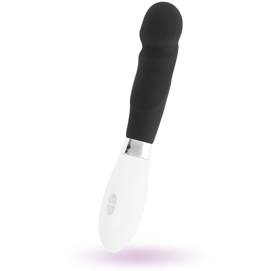 Weiß-schwarzer Vibrator mit abgerundeter Spitze. Silberfarbener Ring am Übergang. Auf der weißen Basis befinden sich Symbole.