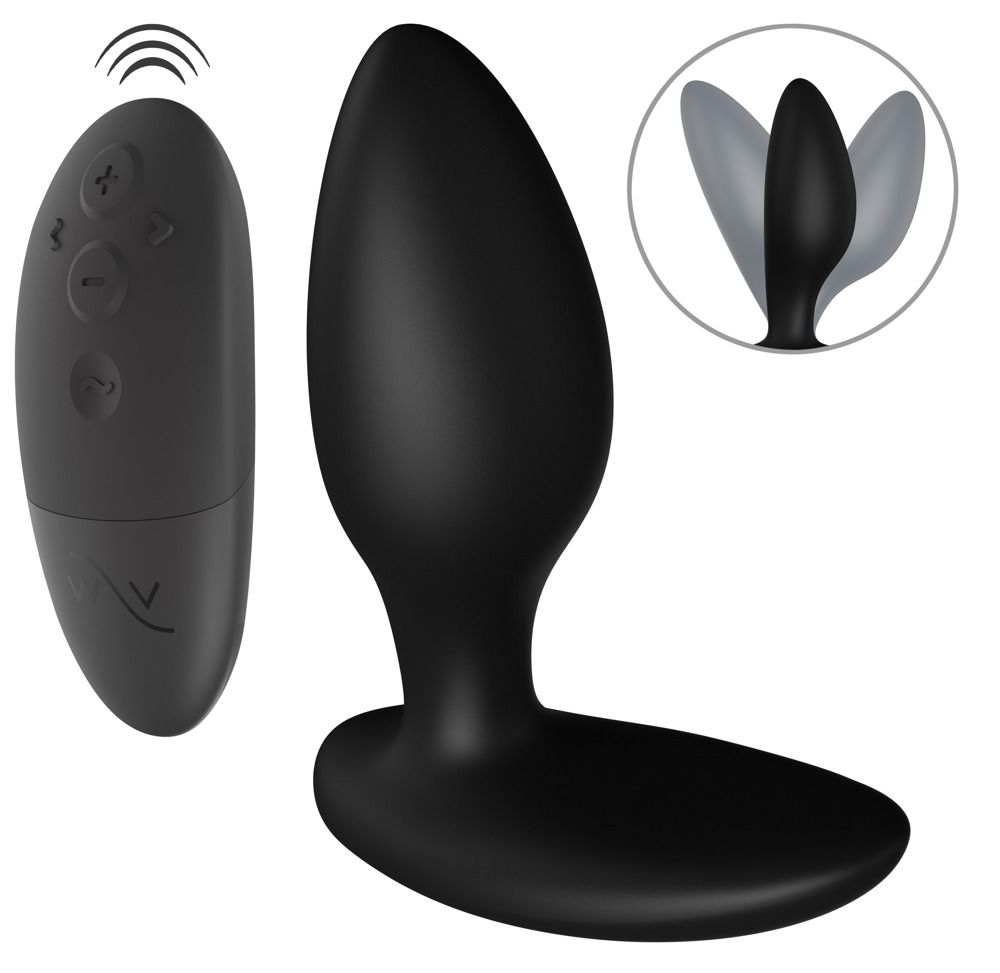 Schwarzer Analplug mit Fernbedienung. Der Plug hat eine ovale Form mit breiter Basis. Die Fernbedienung hat Knöpfe.