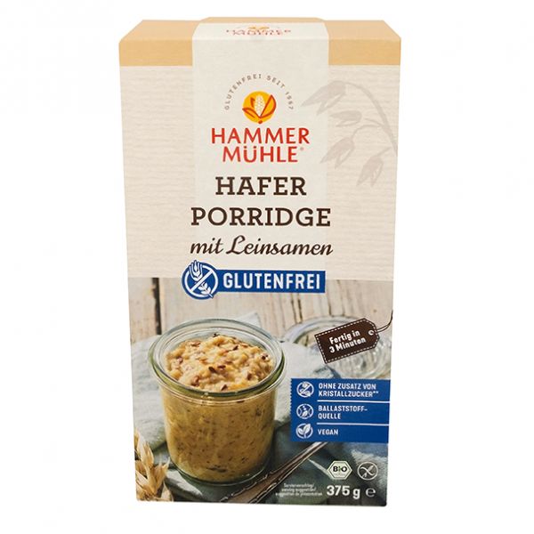 Verpackung von Hafer Porridge mit Leinsamen. Enthält glutenfreie Kennzeichnung, Bio-Siegel und Angaben zu Inhaltsstoffen.