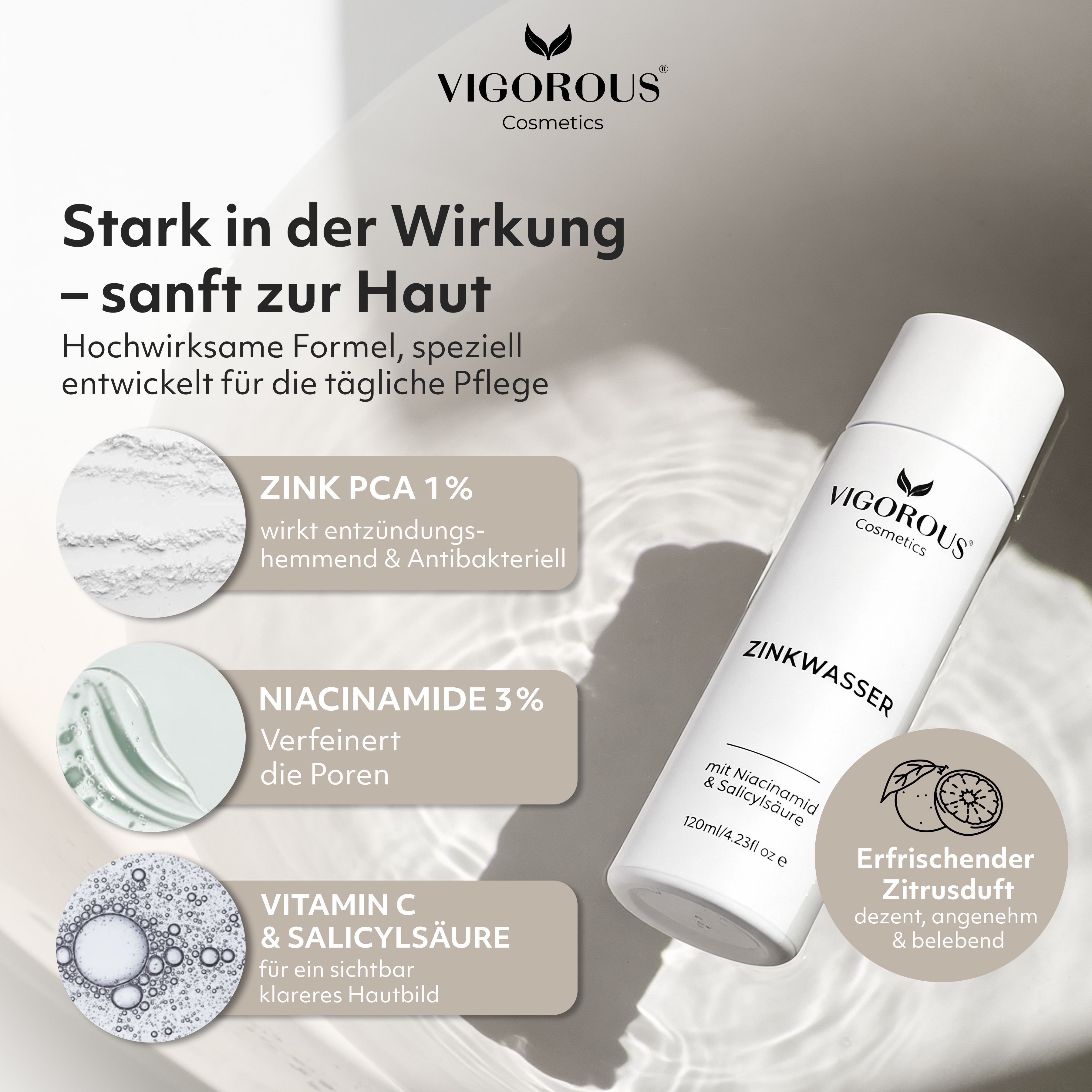 Zinkwasser-Flasche neben Text. Text: Zink PCA 1%, Niacinamid 3%, Vitamin C & Salicylsäure. VIGOROUS® Cosmetics.