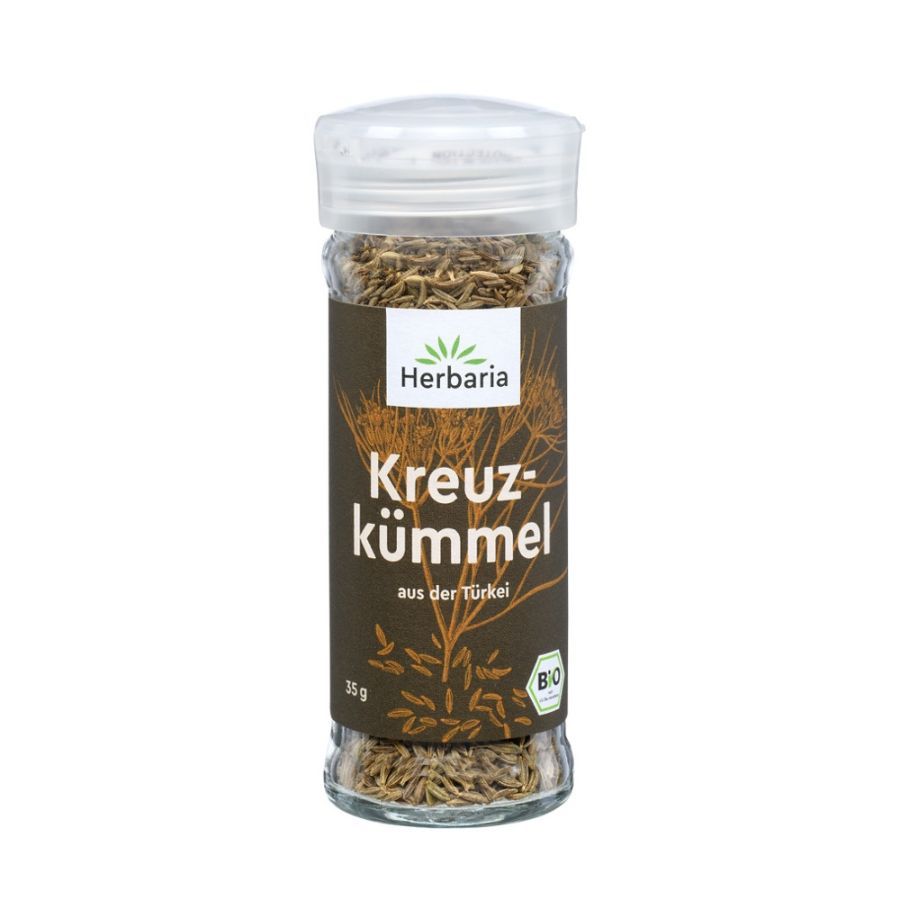 Glasflasche mit Herbaria Kreuzkümmel Bio. Braunes Etikett mit Produktname und Bio-Siegel. Enthält Kreuzkümmel-Samen.