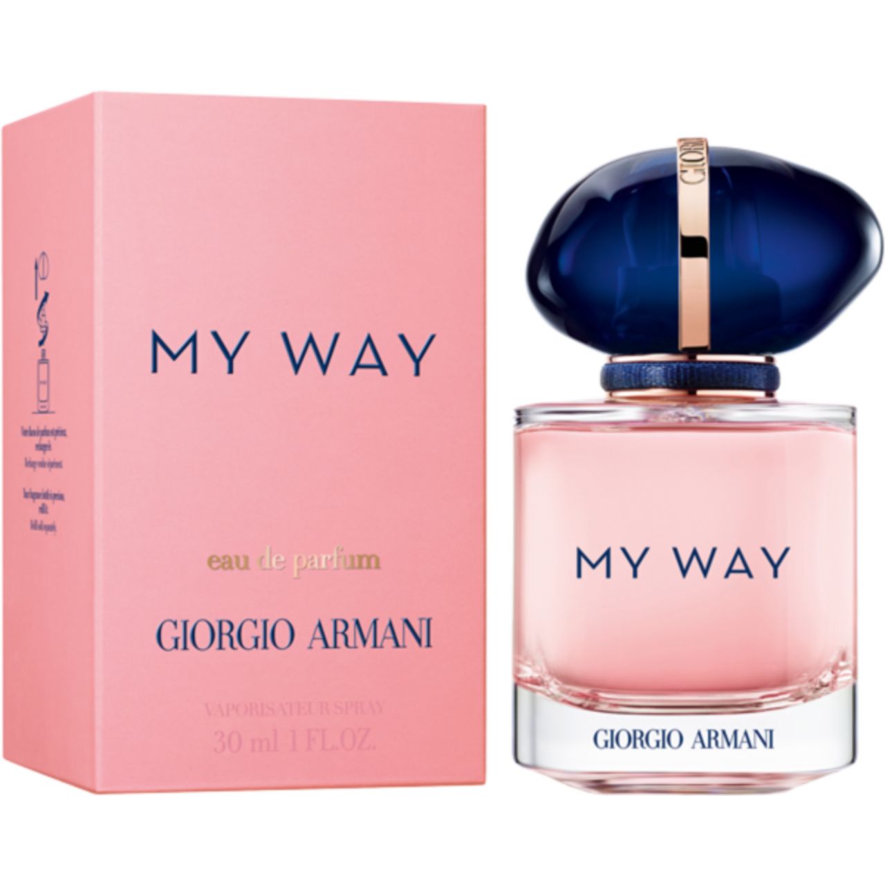 Rosa Schachtel und Flakon. Aufschrift: MY WAY, GIORGIO ARMANI. Flakon mit blauem Deckel.