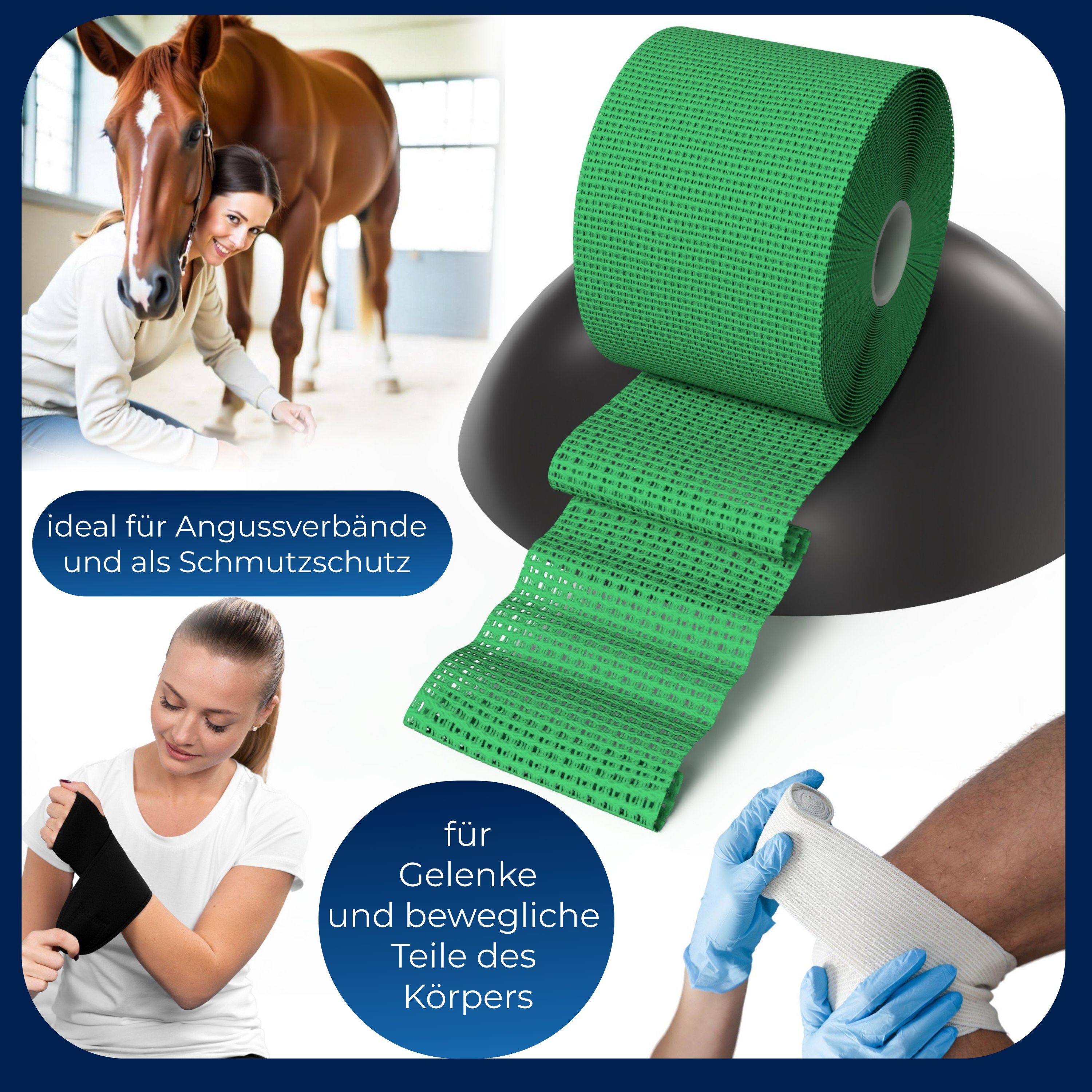 Mehrere Bilder in blauem Rahmen. Bandage, Pferd, Person, Handgelenkbandage, Gipsverband. Text: 'ideal für Angussverbände' und 'für Gelenke'.
