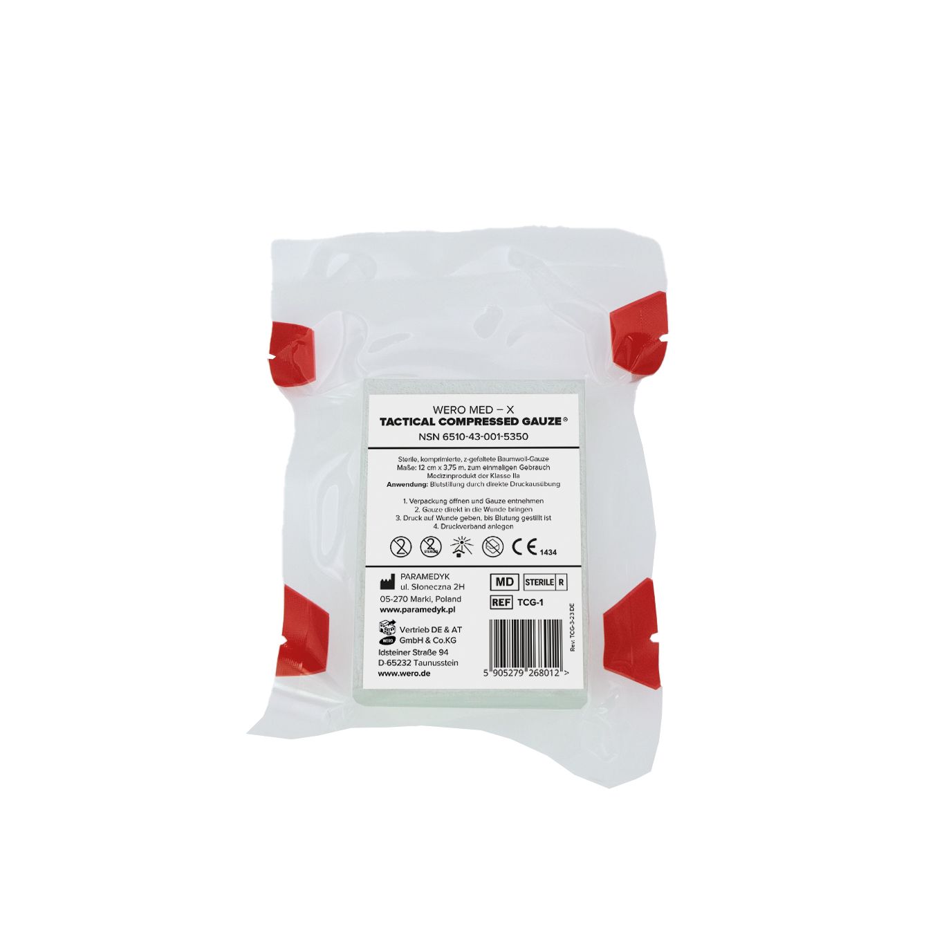 Verpackung mit komprimierter Gaze. Rote Verschlüsse. Aufschrift: WERO MED-X® TACTICAL COMPRESSED GAUZE®. CE-Kennzeichnung.