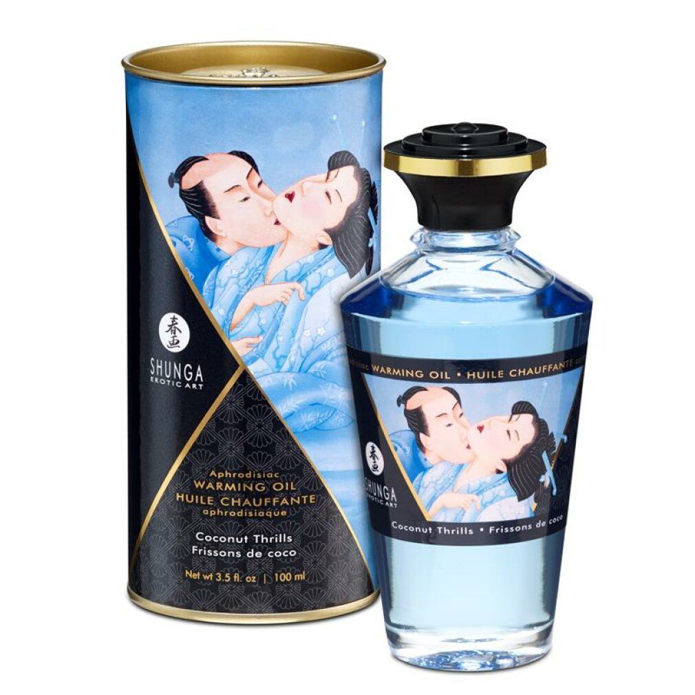 Cilindrische doos en fles met blauwe olie. Opschrift: Shunga, Warming Oil, Coconut Thrills.