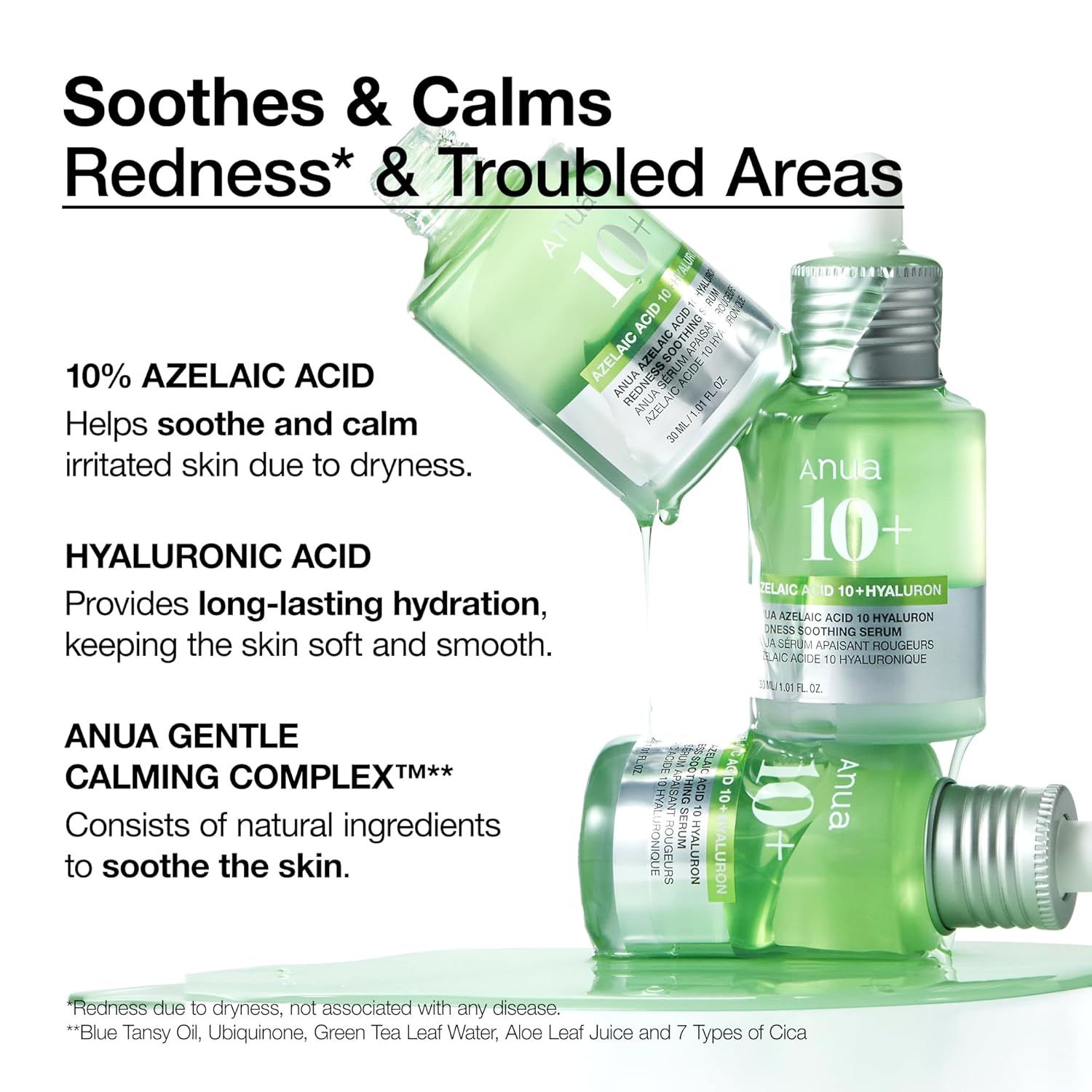 Mehrere grüne Serumflaschen. Text: 10% Azelainsäure, Hyaluronsäure, Anua Gentle Calming Complex.