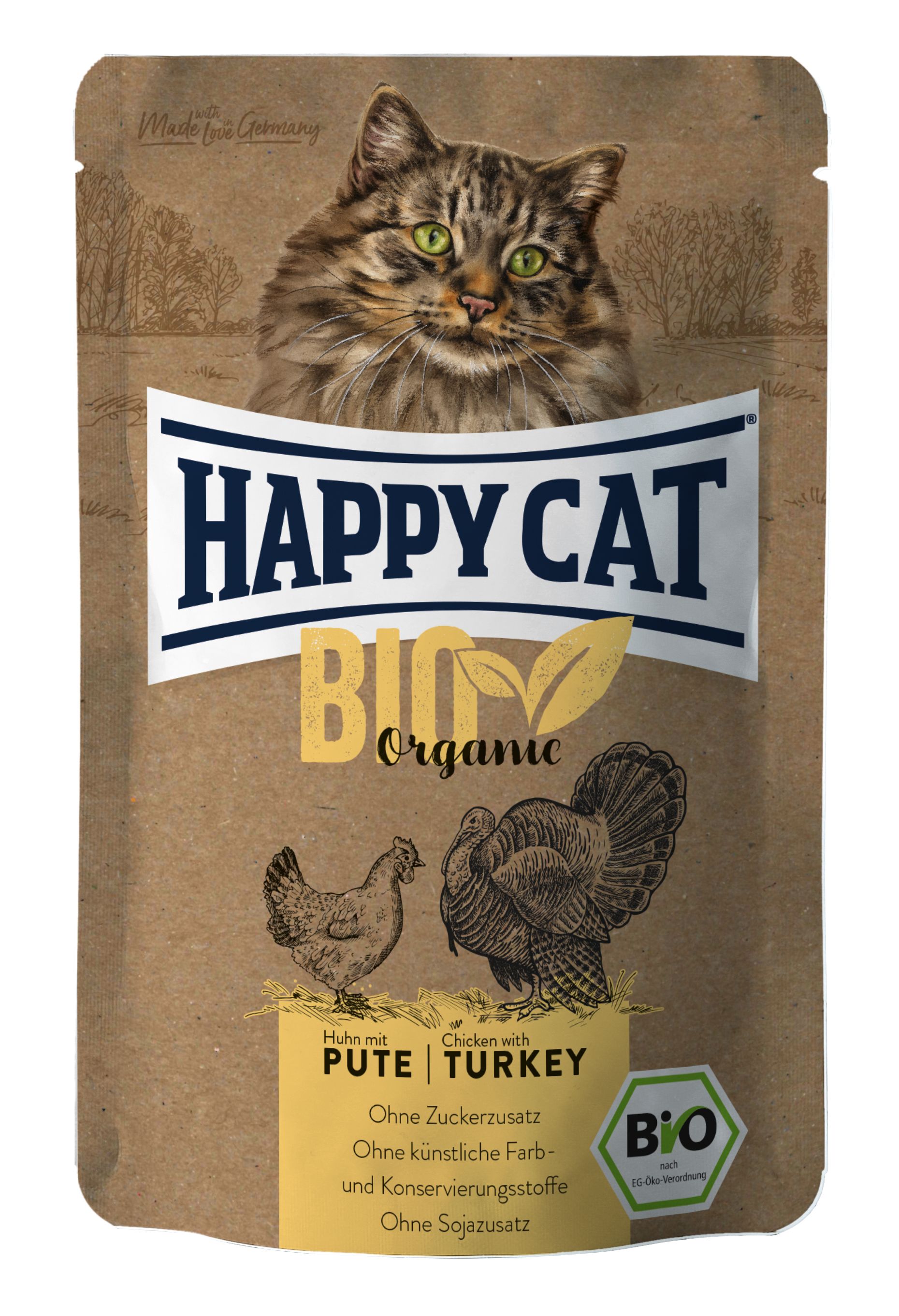 Verpackung mit Katzenfutter. Aufschrift: HAPPY CAT BIO Organic. Abbildung einer Katze, Huhn und Truthahn. Bio-Siegel.